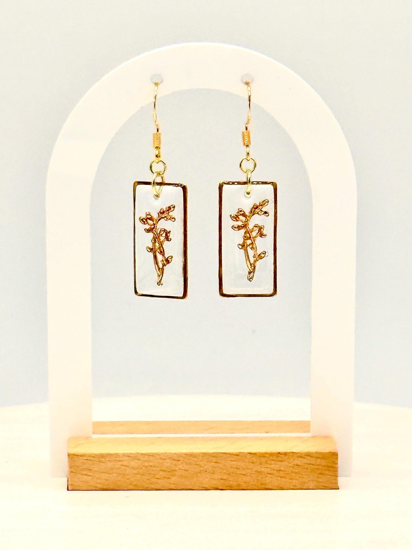 Whimsical earrings, birth flower earrings – Resin-Framed Gold Blossom Drops • Custom Month