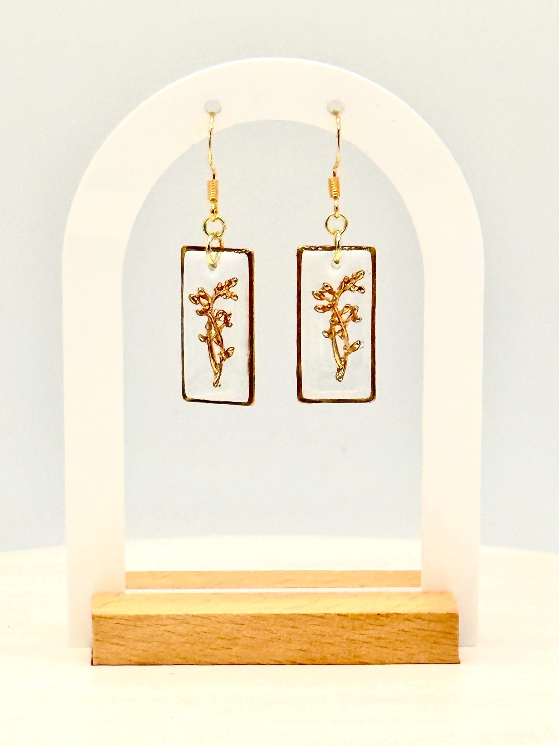 Whimsical earrings, birth flower earrings – Resin-Framed Gold Blossom Drops • Custom Month