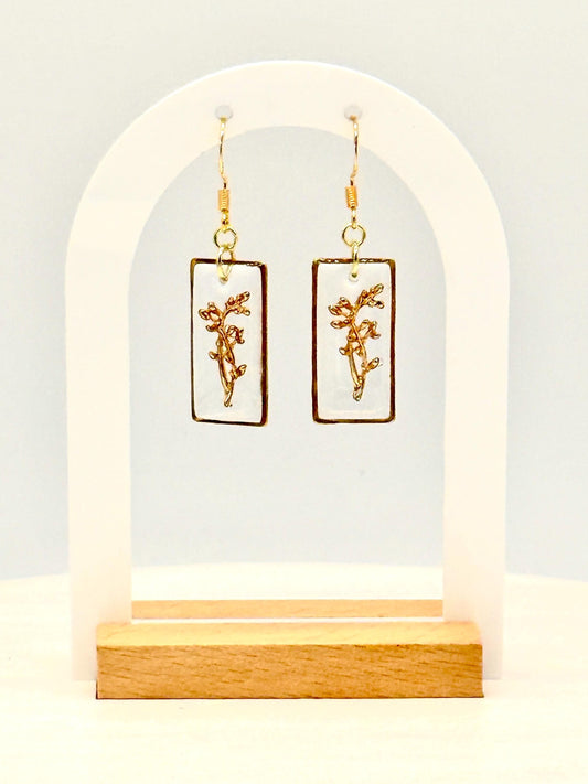 Whimsical earrings, birth flower earrings – Resin-Framed Gold Blossom Drops • Custom Month