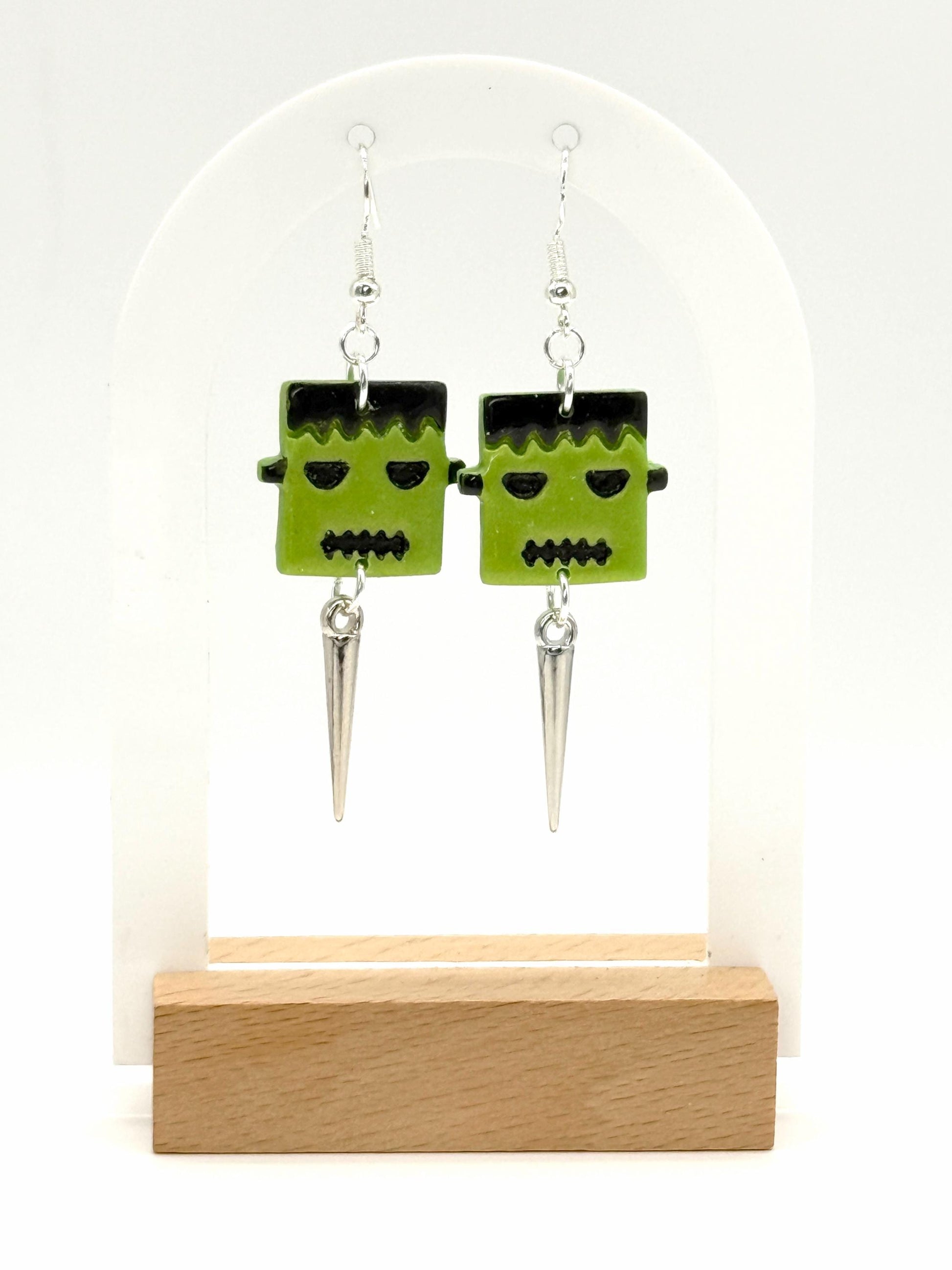 Frankenstein Earrings: Handmade Polymer Clay Monster Dangles with Silver Spikes