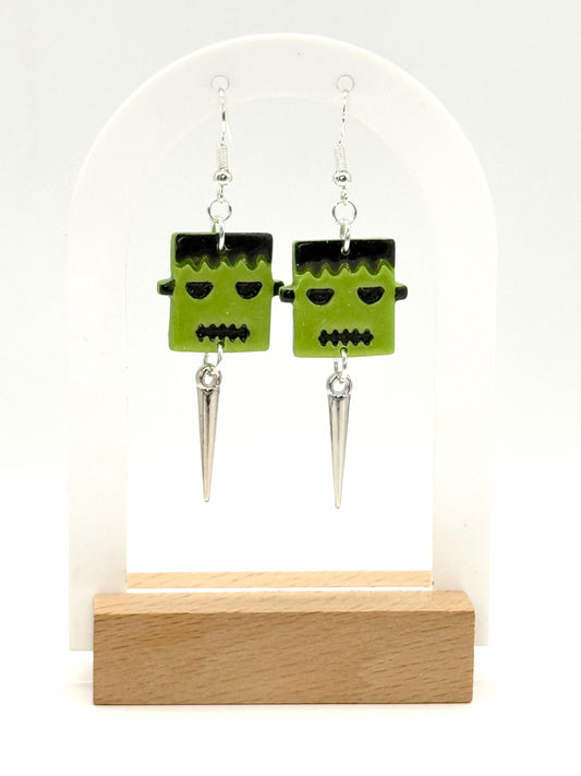 Frankenstein Earrings: Handmade Polymer Clay Monster Dangles with Silver Spikes