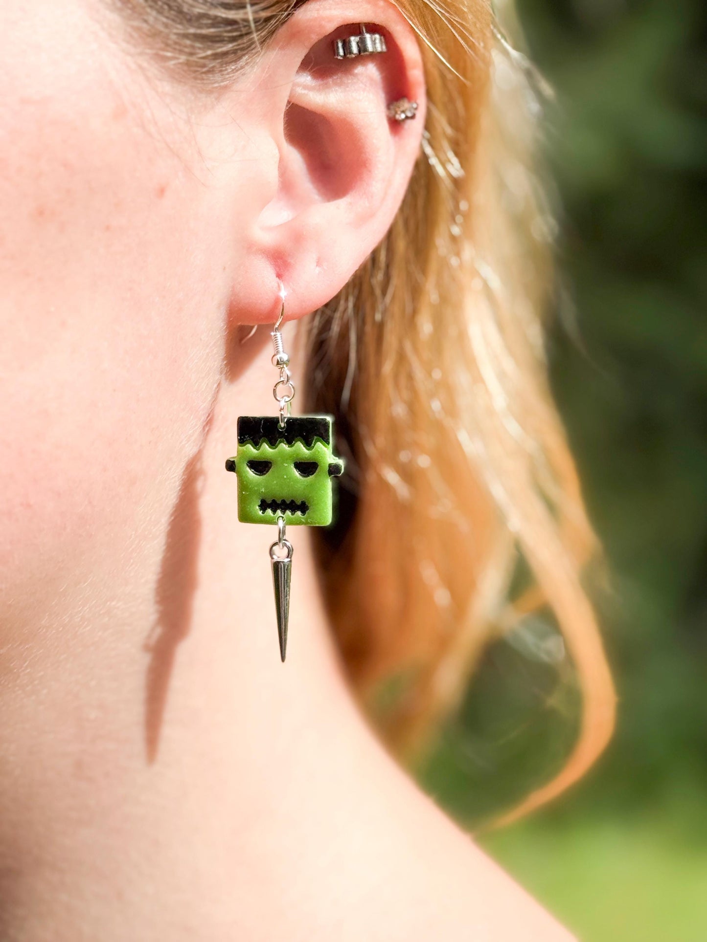 Frankenstein Earrings: Handmade Polymer Clay Monster Dangles with Silver Spikes