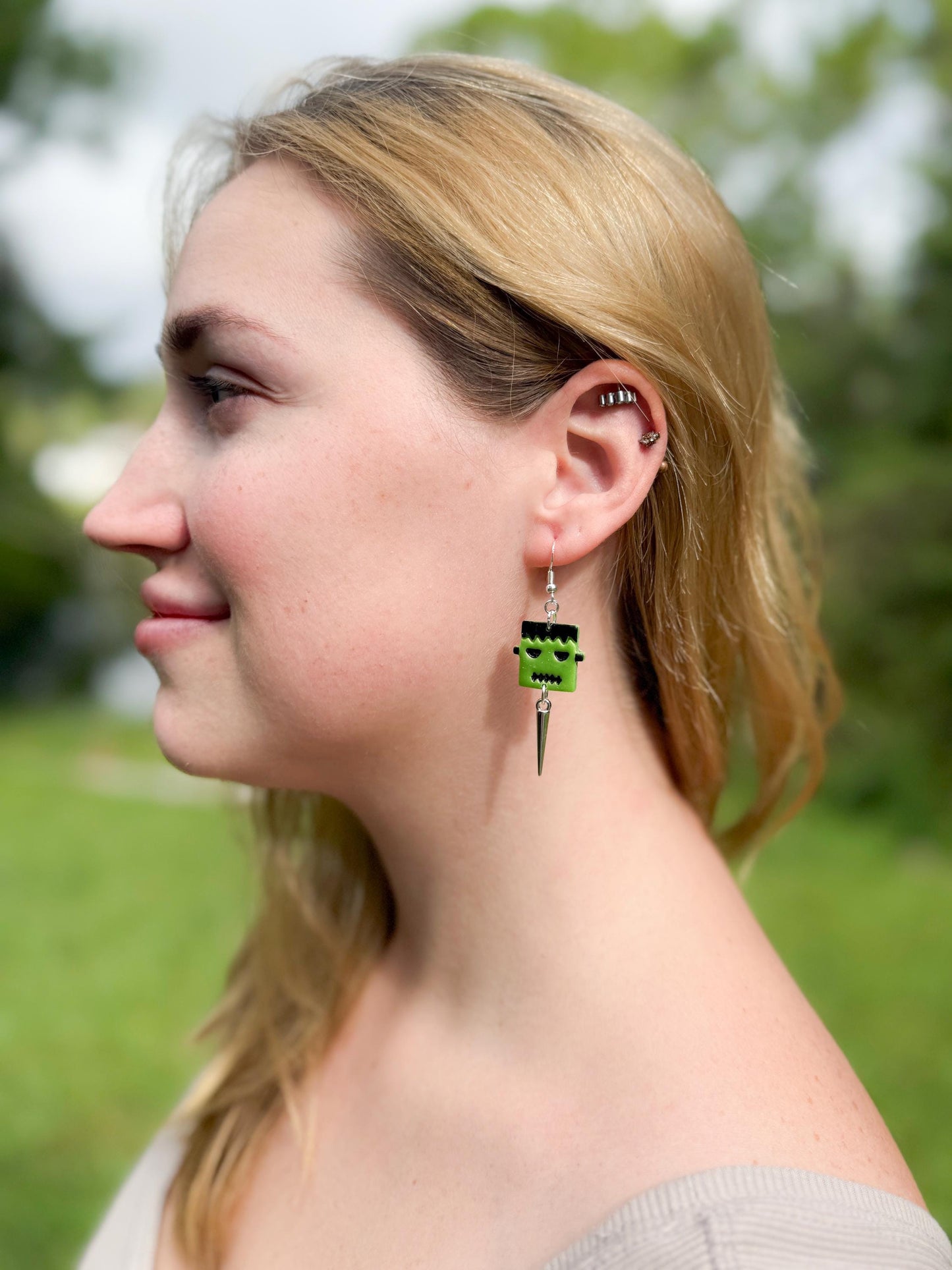 Frankenstein Earrings: Handmade Polymer Clay Monster Dangles with Silver Spikes