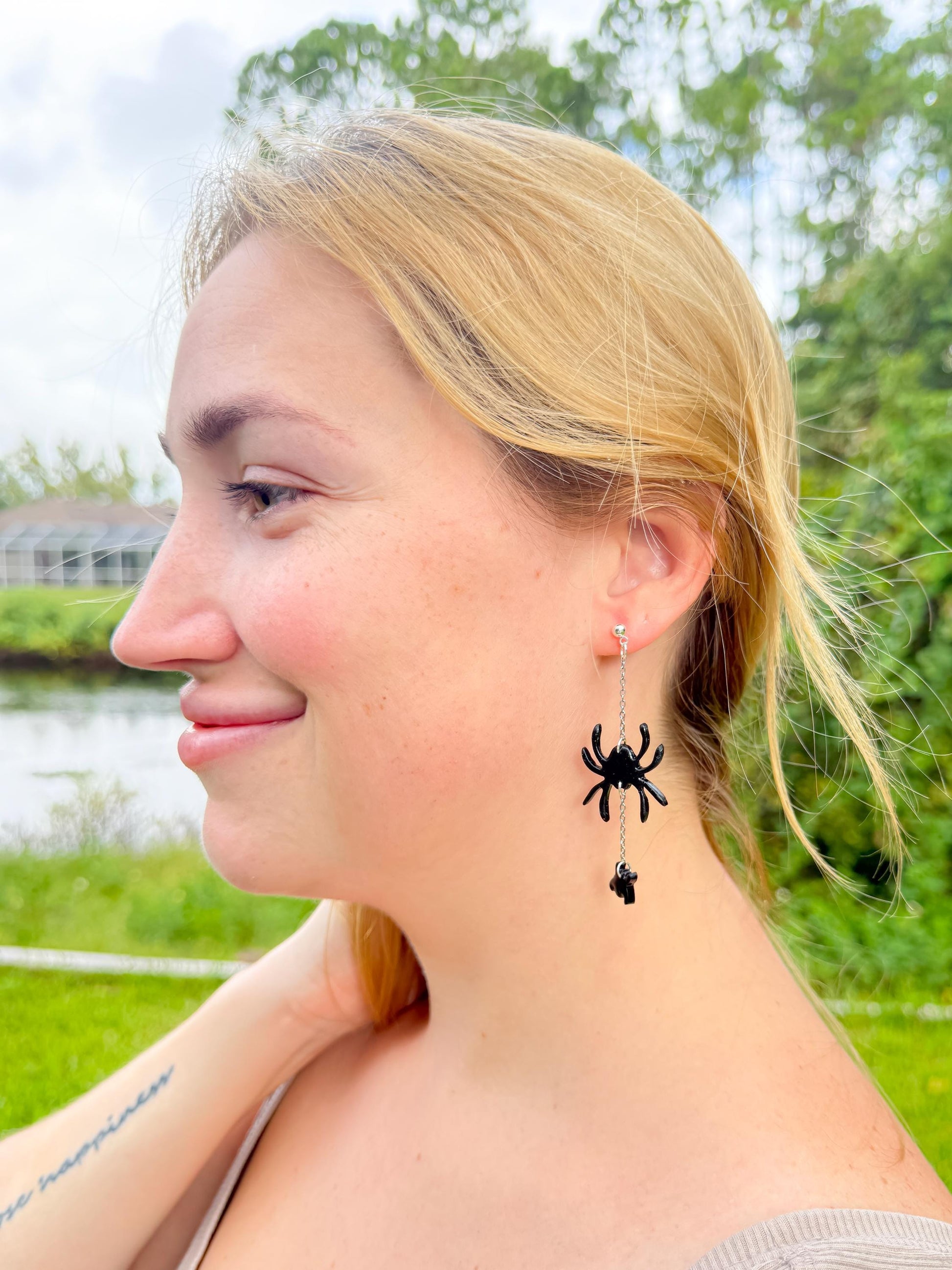 Sterling Silver Spider Dangle Earrings: Handmade Polymer Clay Halloween Jewelry