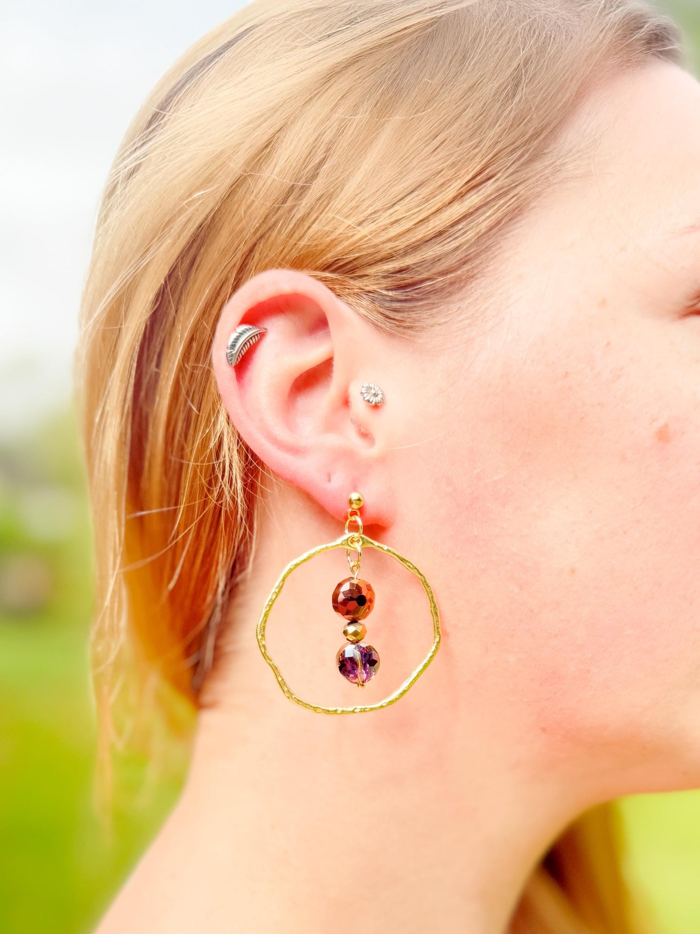 Hammered Gold Hoop Dangle Earrings: Autumn Glass Bead Statement Jewelry