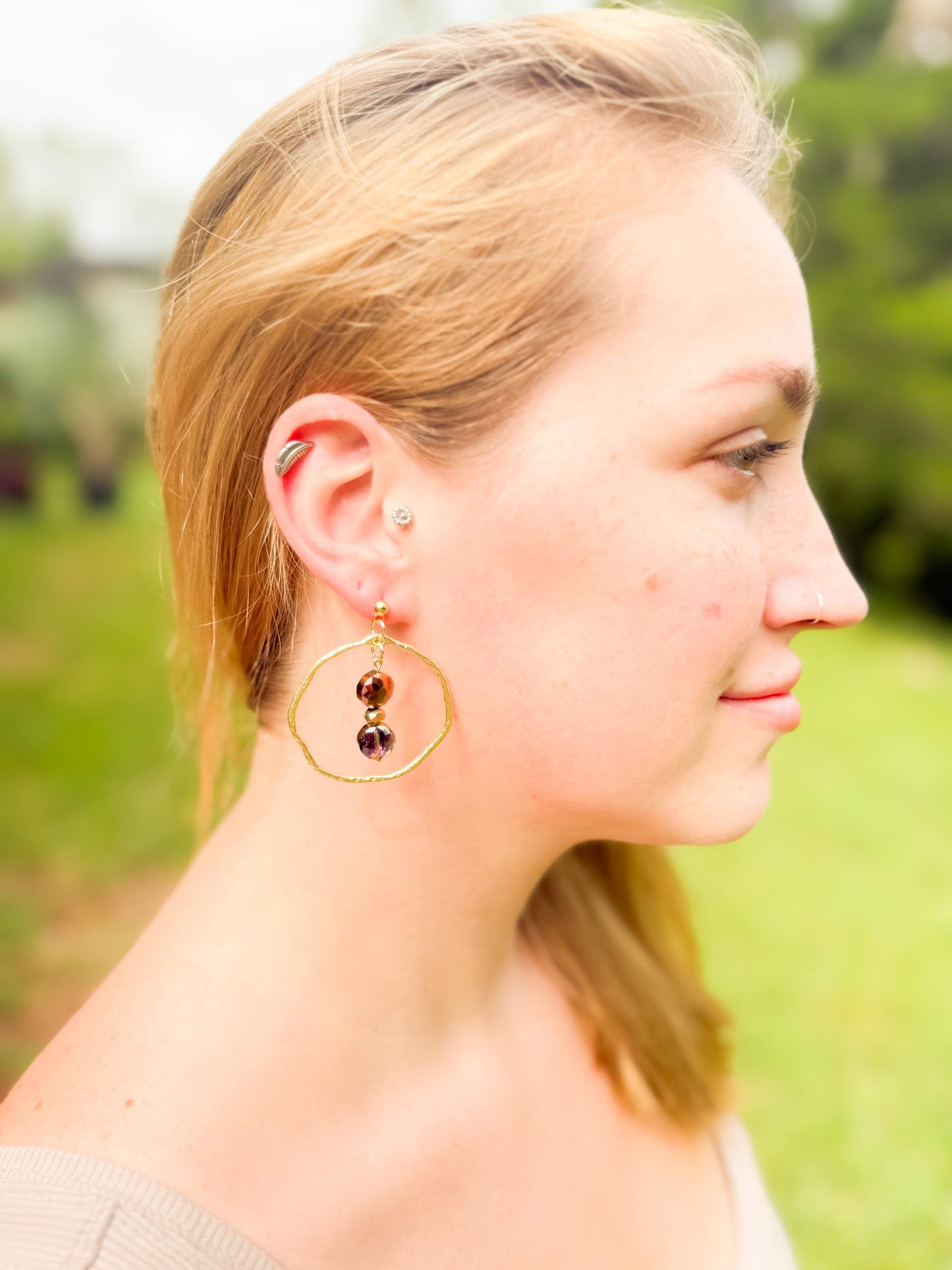 Hammered Gold Hoop Dangle Earrings: Autumn Glass Bead Statement Jewelry