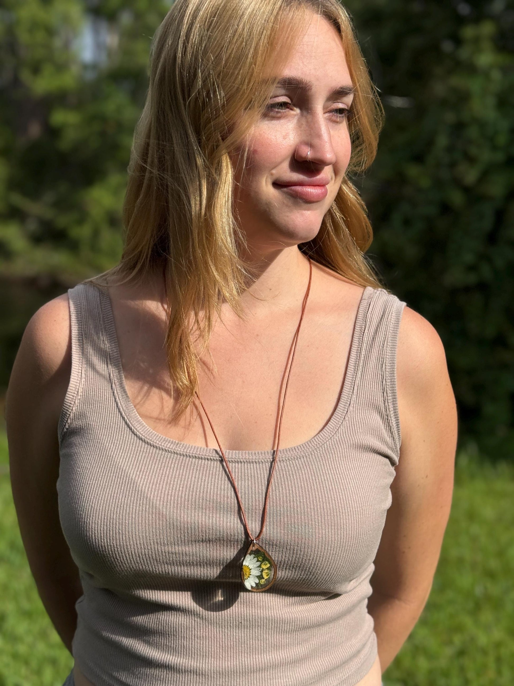 Real Daisy Teardrop Necklace: Resin Pendant, Wood Frame, Gold Chain or Leather Cord