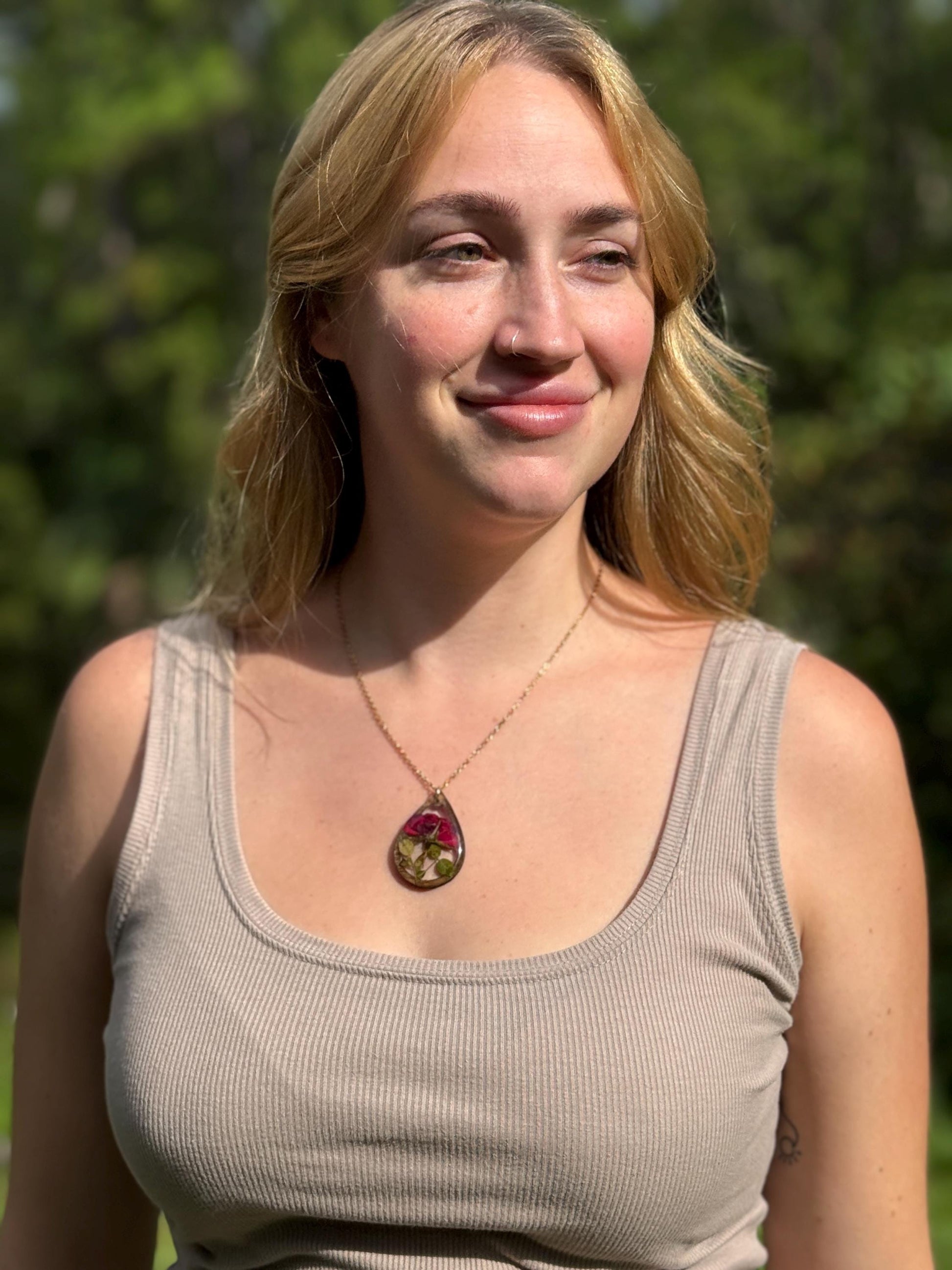 Birth Flower Necklace: Real Pressed Flower, Rustic Wood Teardrop Pendant