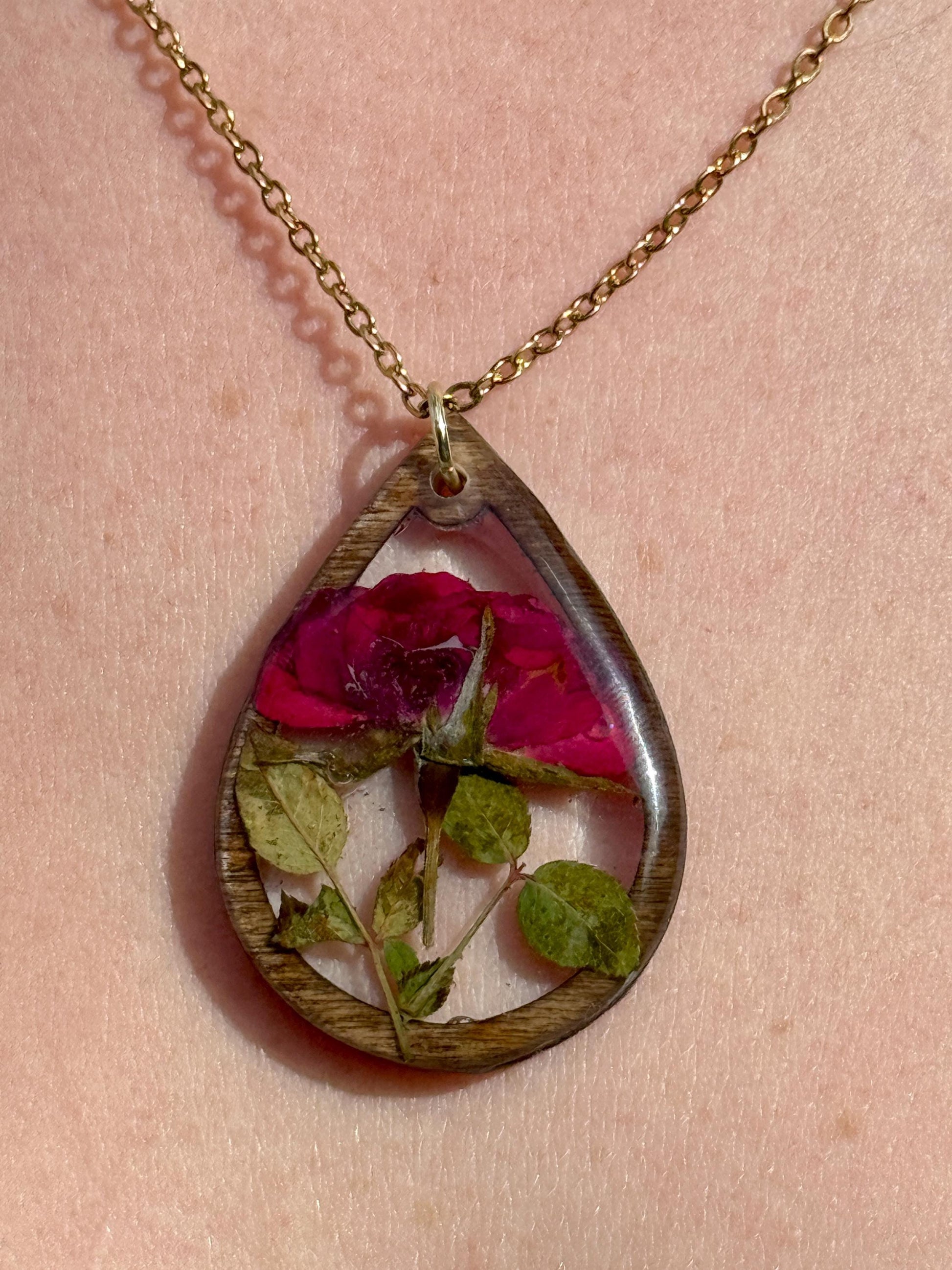 Birth Flower Necklace: Real Pressed Flower, Rustic Wood Teardrop Pendant