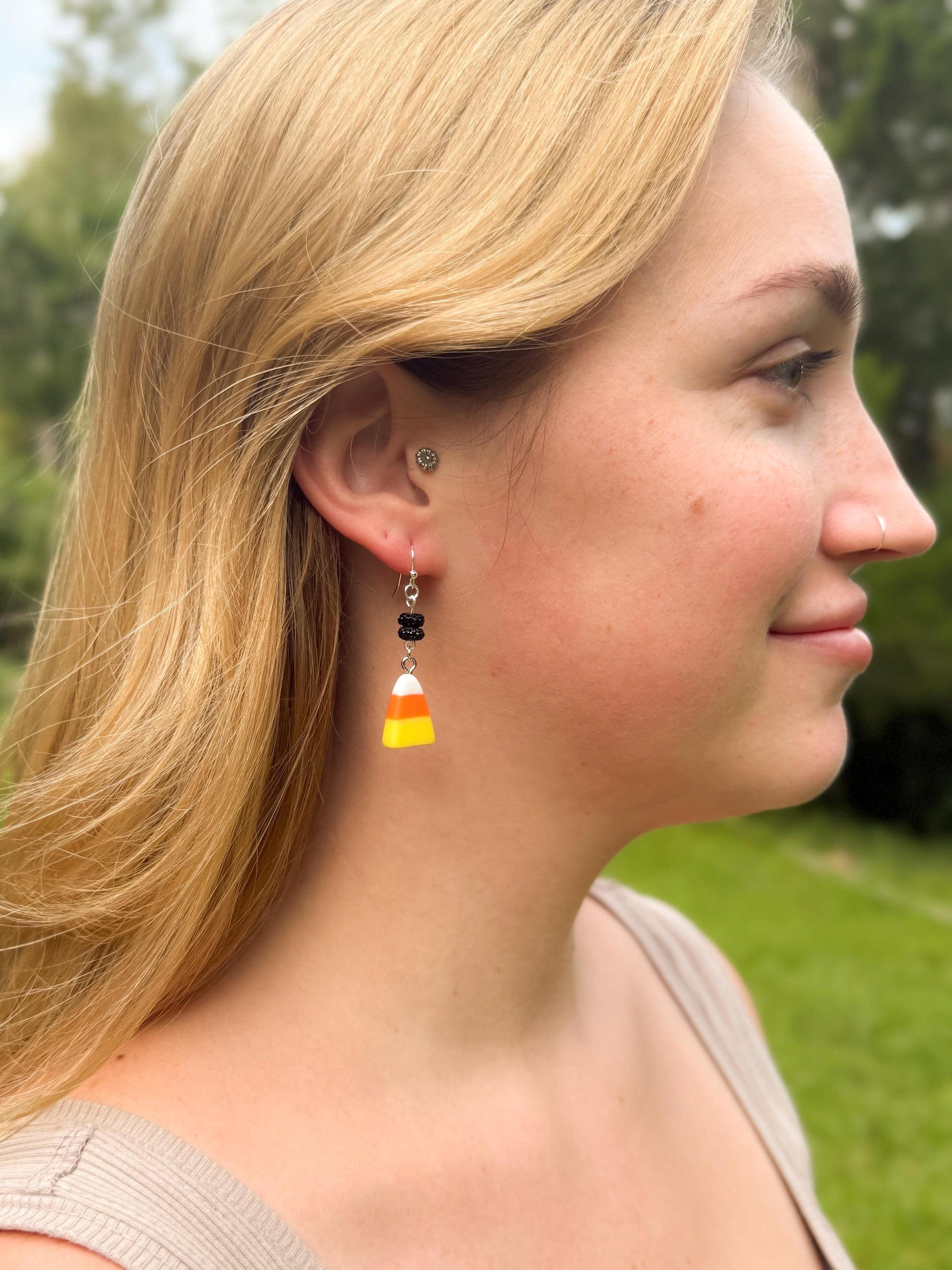 Candy Corn Dangle Earrings: Sterling Silver, Spooky Fall Jewelry