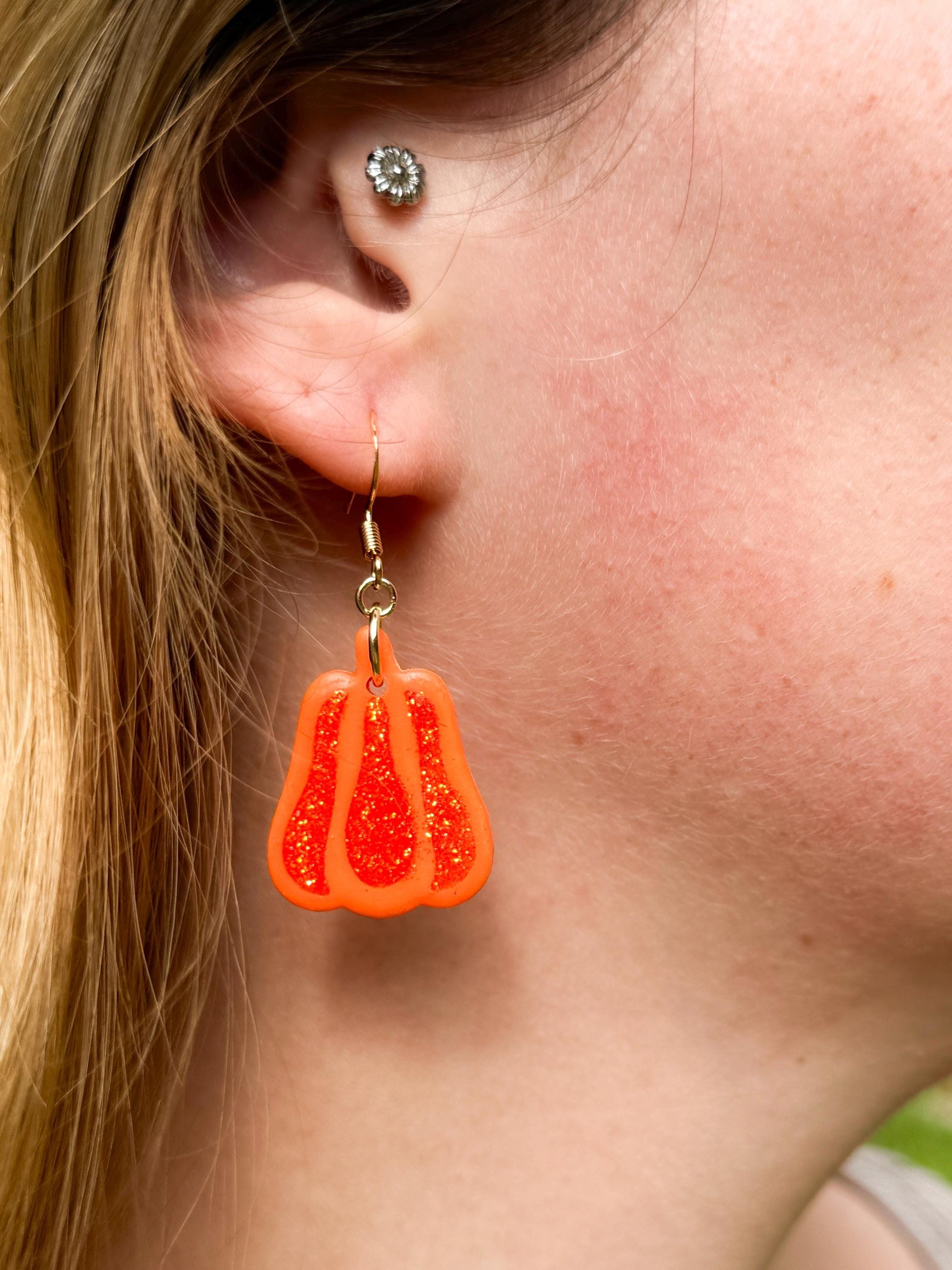 Glitter Pumpkin Earrings: Handmade Polymer Clay Dangles, Gold-Tone