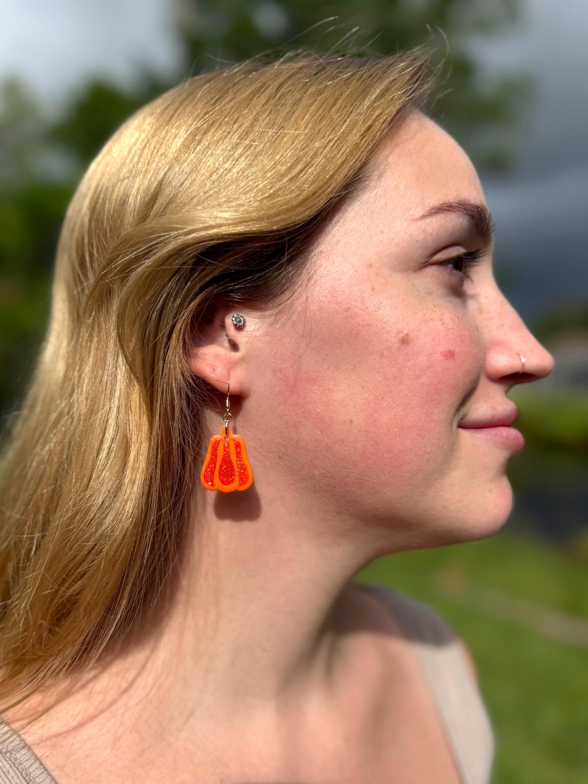 Glitter Pumpkin Earrings: Handmade Polymer Clay Dangles, Gold-Tone