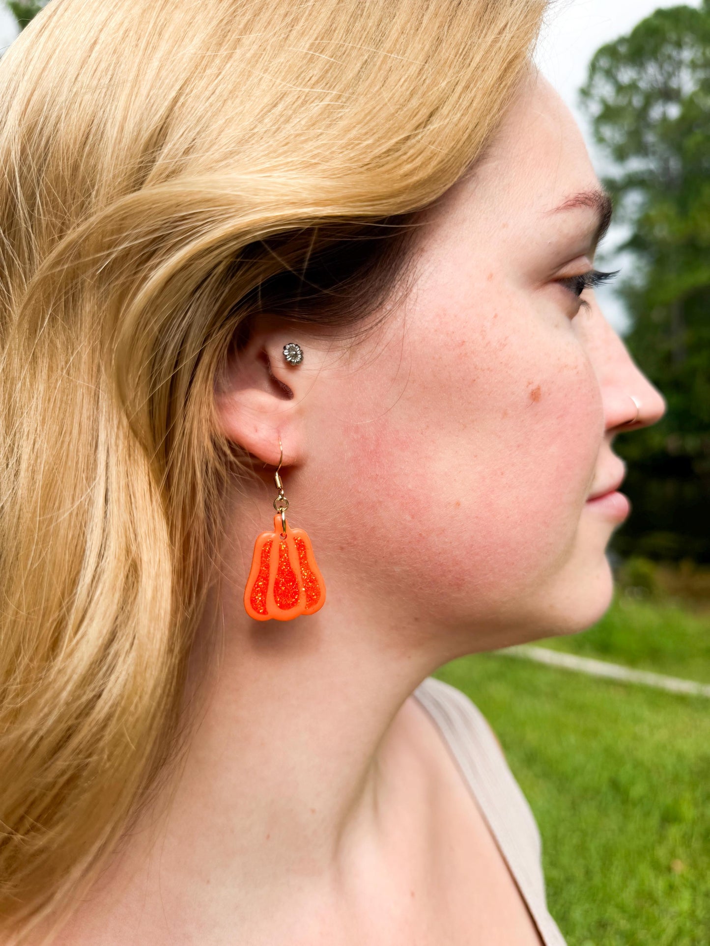 Glitter Pumpkin Earrings: Handmade Polymer Clay Dangles, Gold-Tone