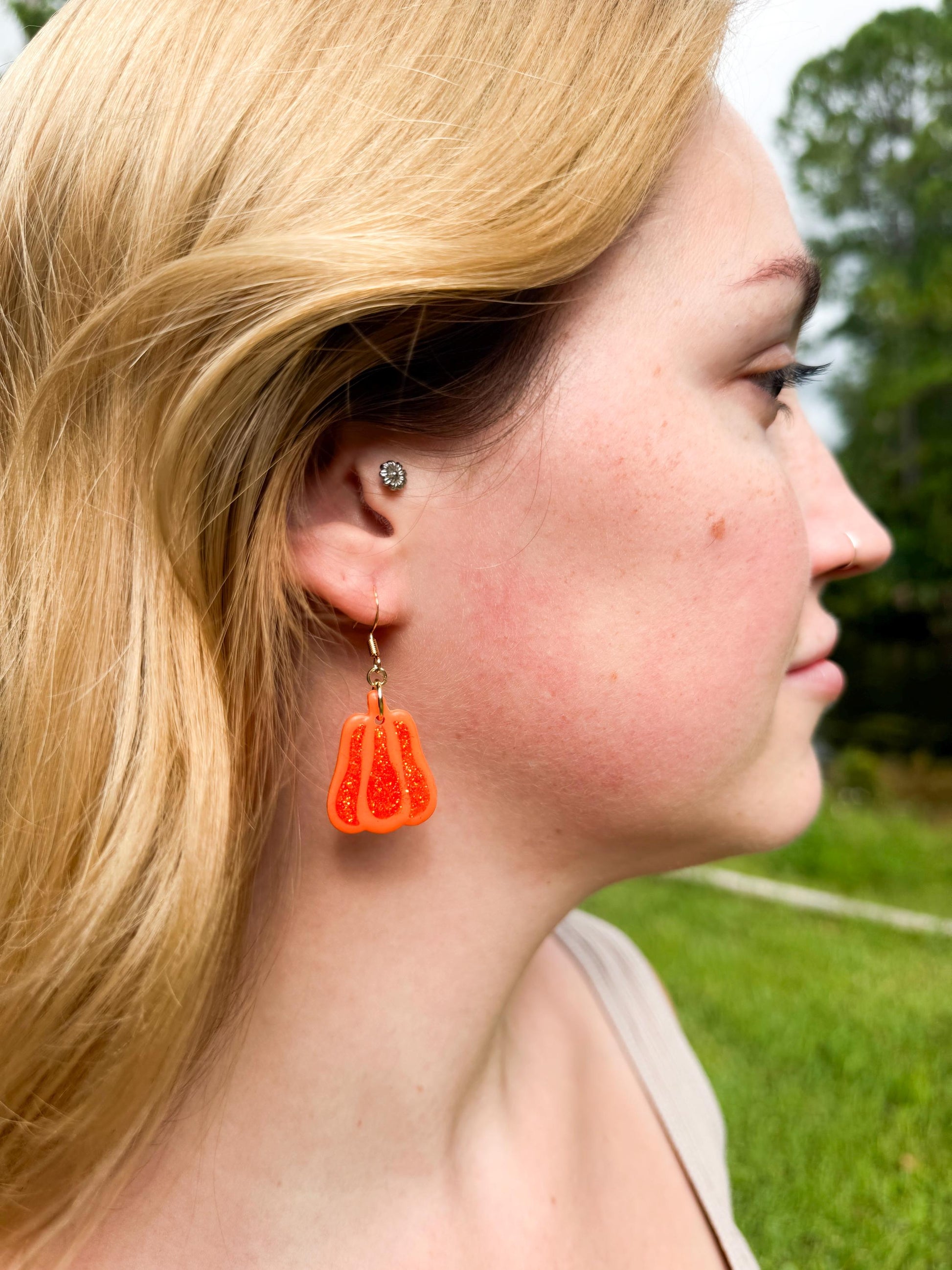 Glitter Pumpkin Earrings: Handmade Polymer Clay Dangles, Gold-Tone