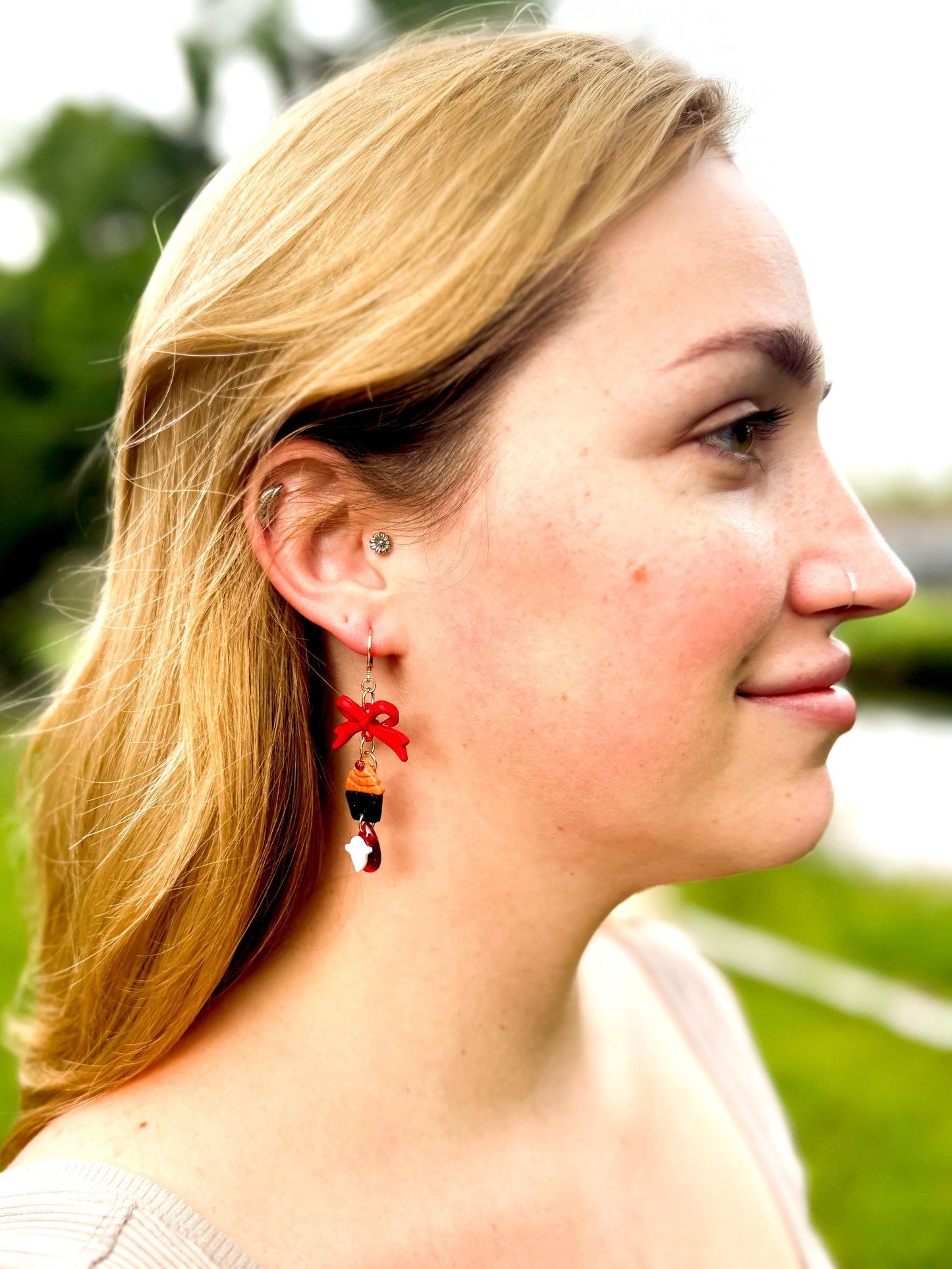 Ghost Cupcake Dangle Earrings: Polymer Clay, Bow Accent, Gold Leverbacks