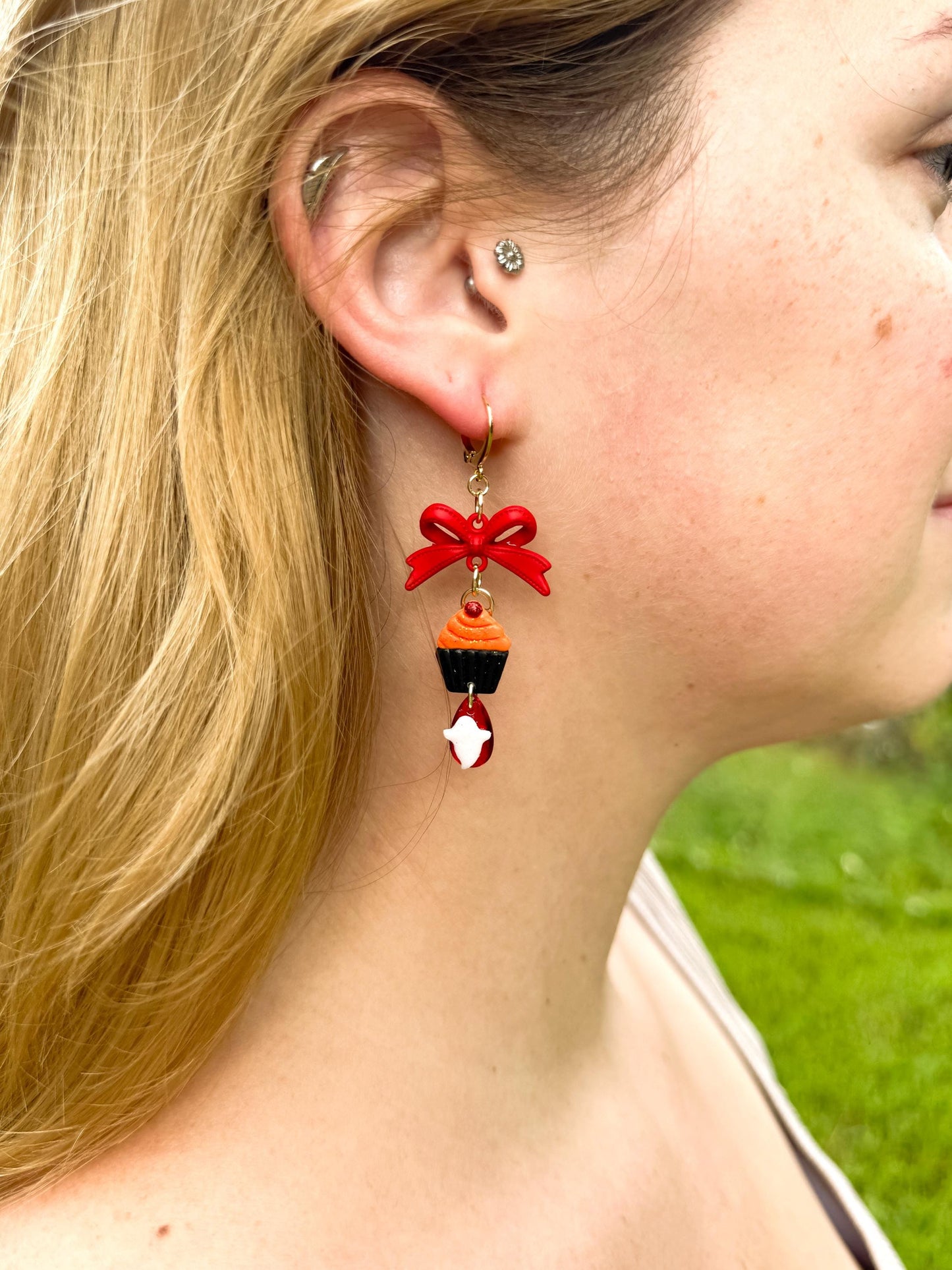 Ghost Cupcake Dangle Earrings: Polymer Clay, Bow Accent, Gold Leverbacks