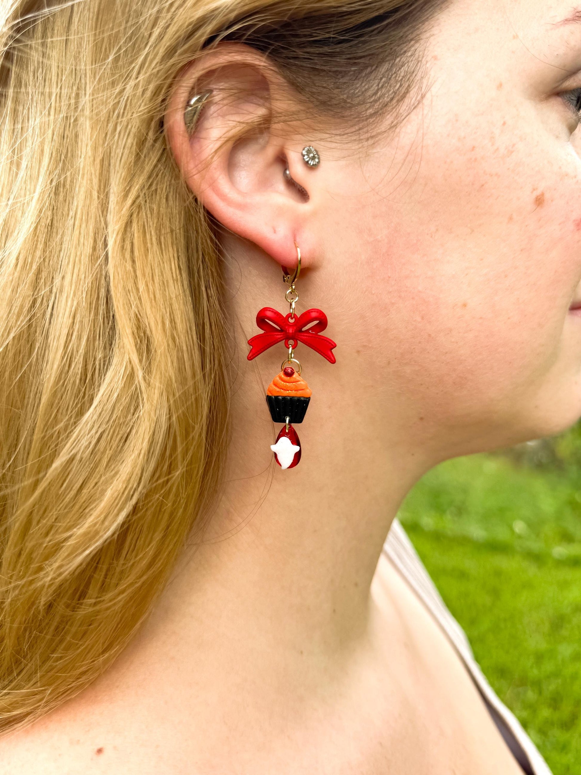 Ghost Cupcake Dangle Earrings: Polymer Clay, Bow Accent, Gold Leverbacks