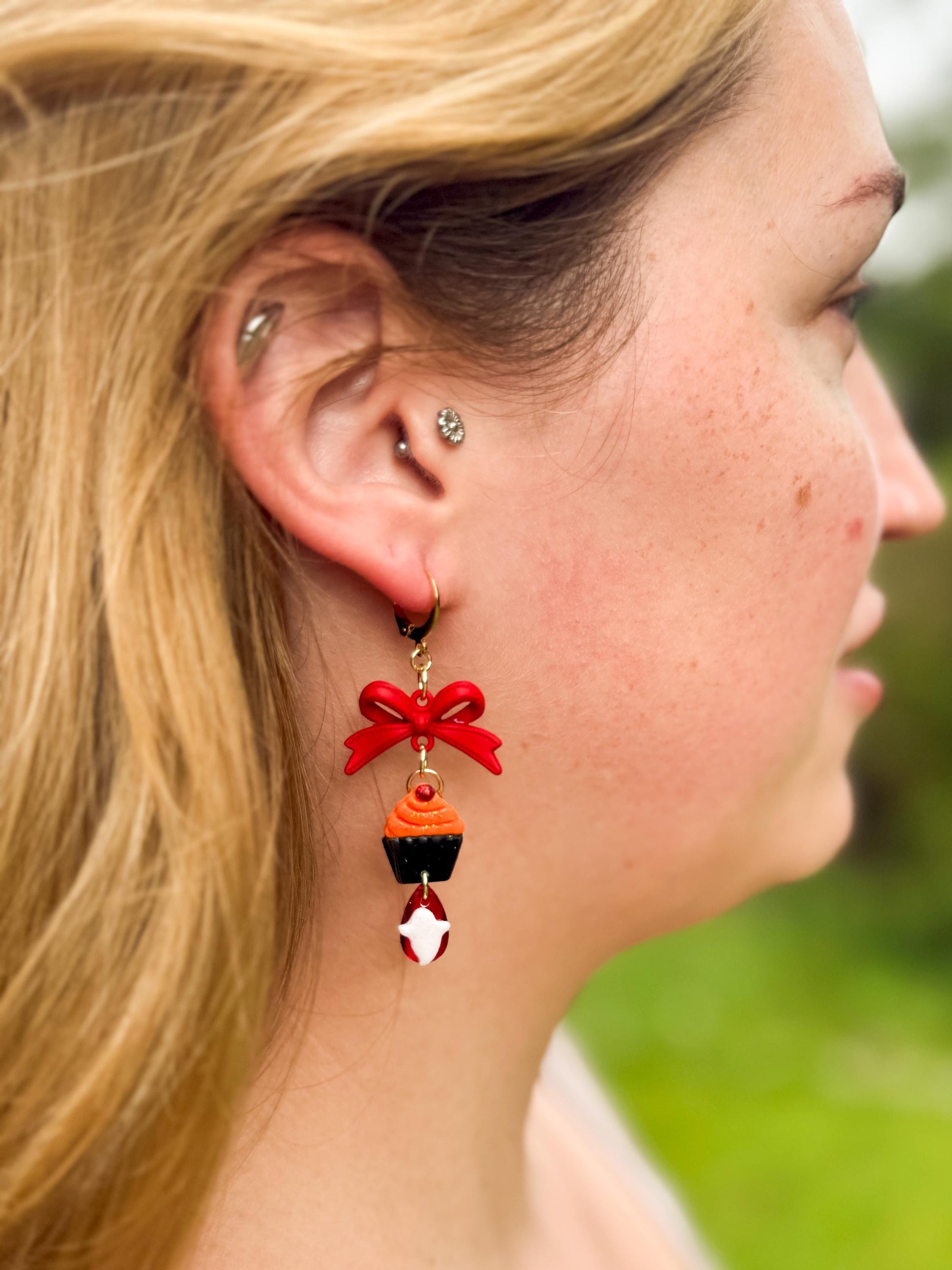 Ghost Cupcake Dangle Earrings: Polymer Clay, Bow Accent, Gold Leverbacks