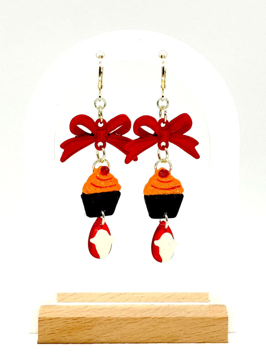 Ghost Cupcake Dangle Earrings: Polymer Clay, Bow Accent, Gold Leverbacks