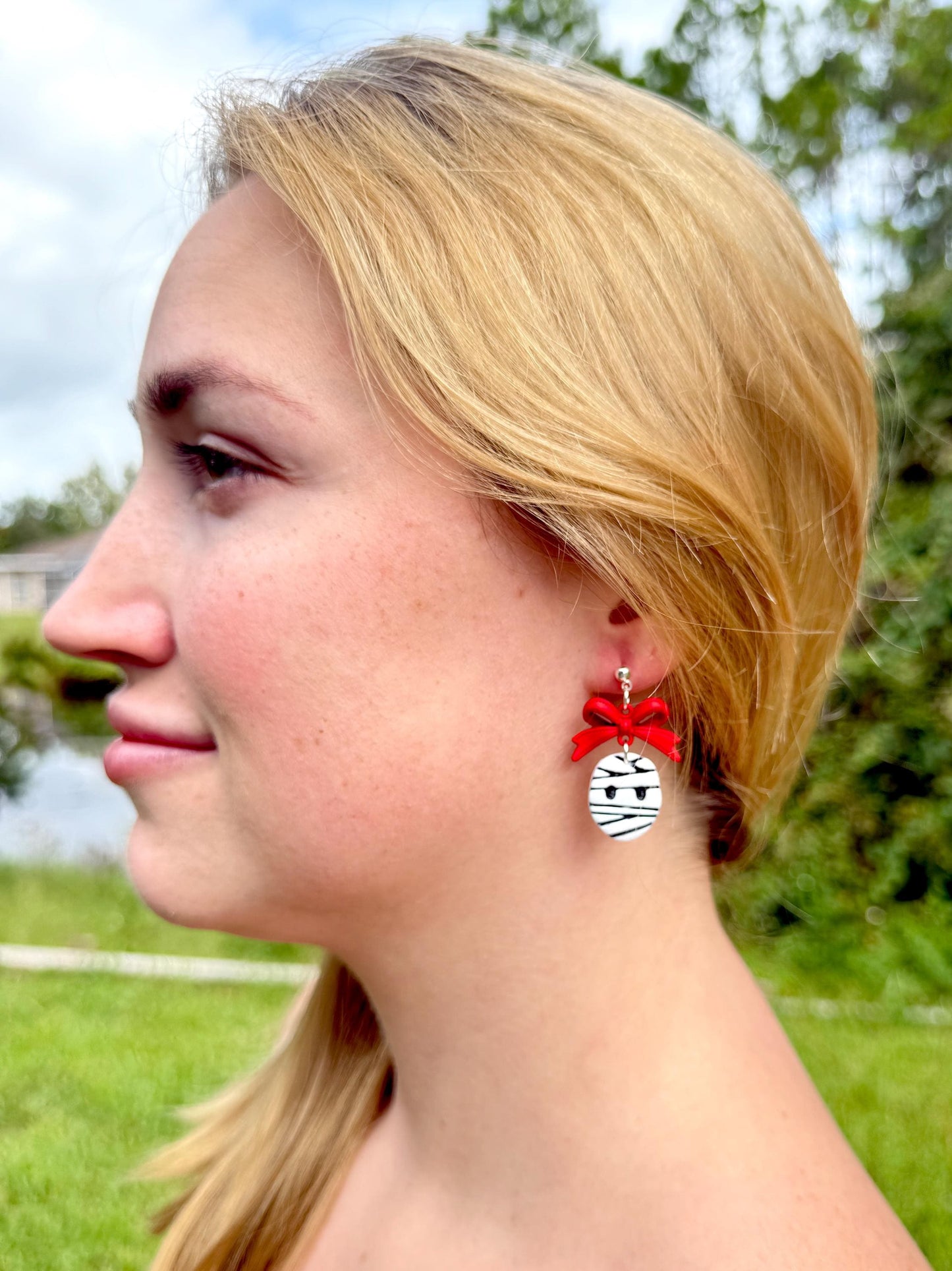 Mummy Polymer Clay Earrings: Red Bow Dangles, Halloween Novelty Jewelry