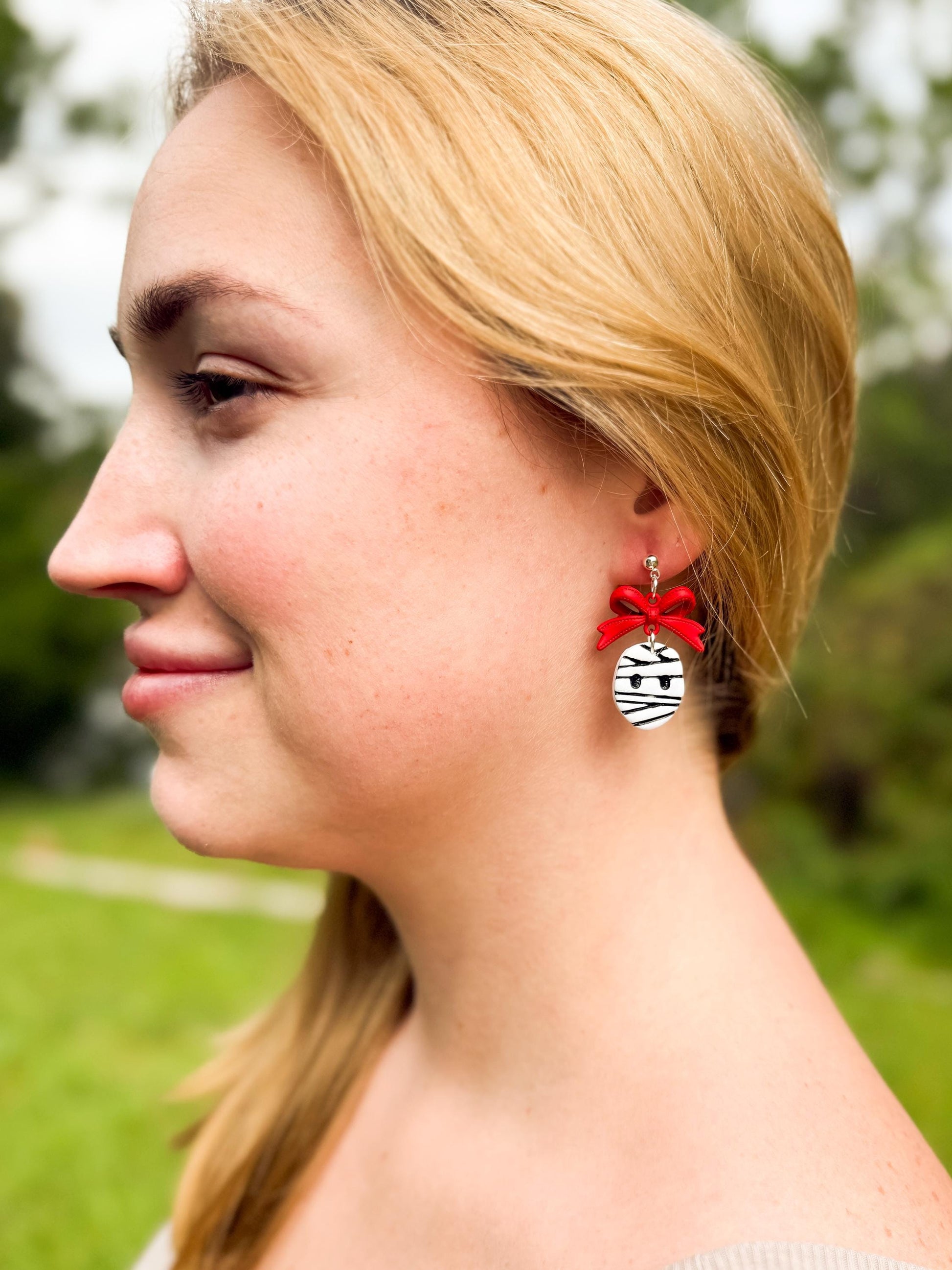 Mummy Polymer Clay Earrings: Red Bow Dangles, Halloween Novelty Jewelry