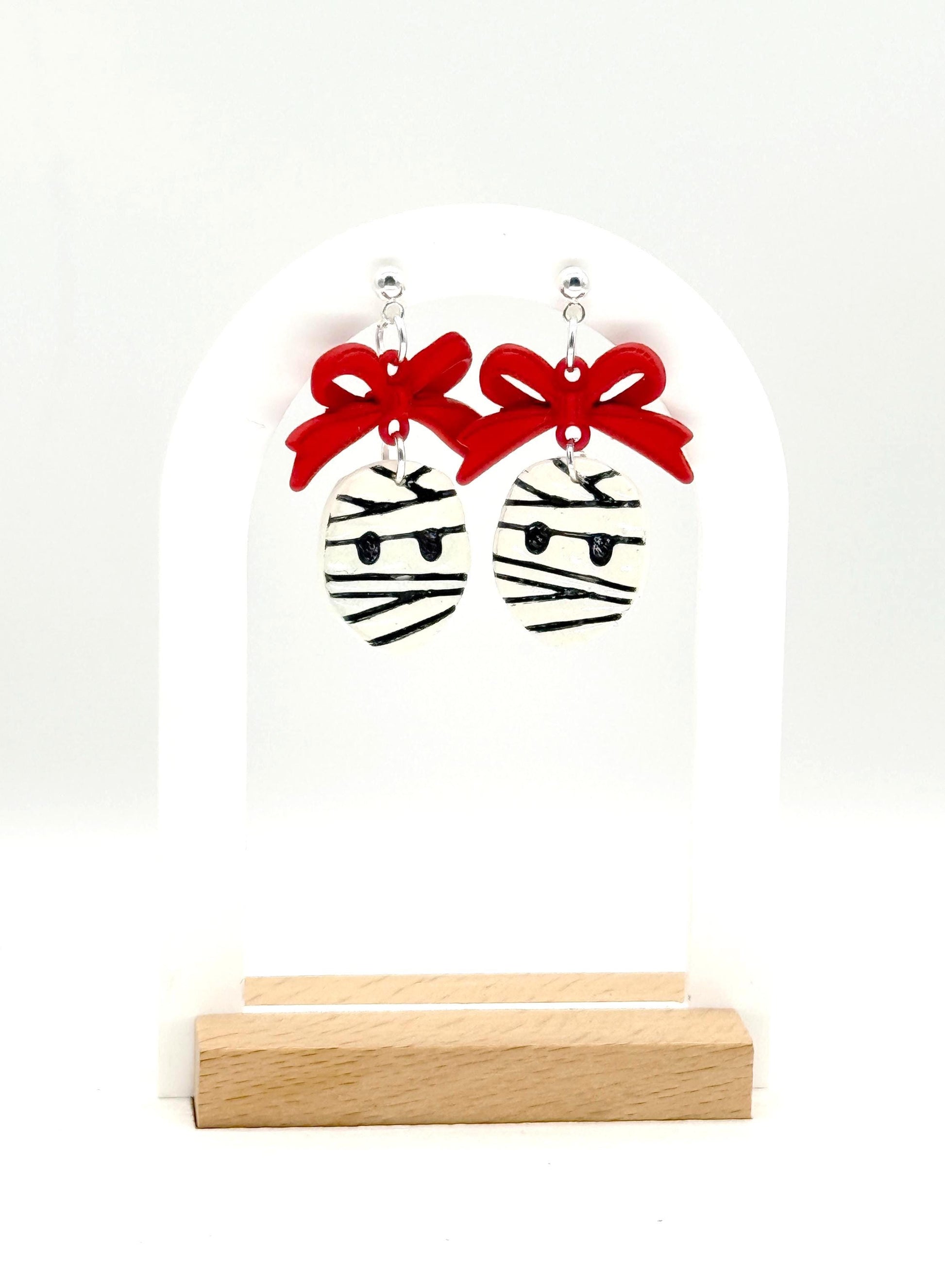 Mummy Polymer Clay Earrings: Red Bow Dangles, Halloween Novelty Jewelry