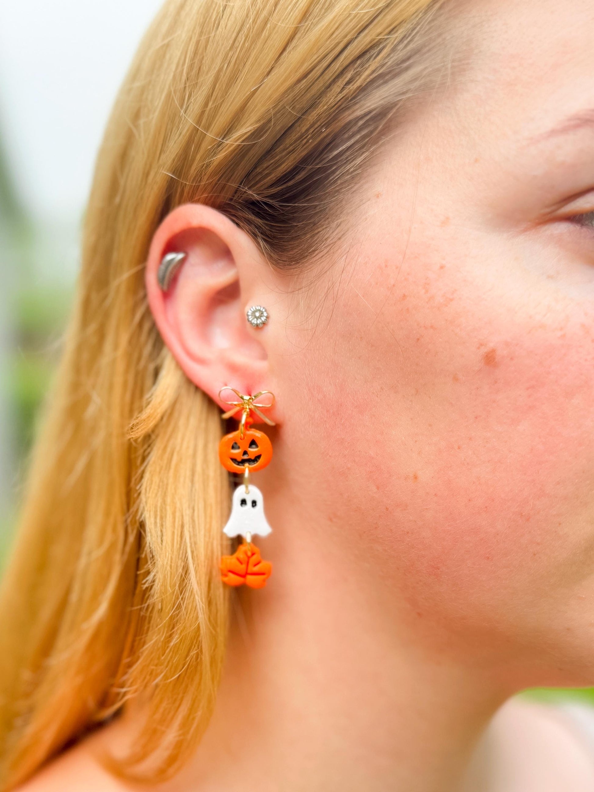 Halloween Polymer Clay Dangle Earrings: Pumpkin, Ghost & Leaf - Gold Bow