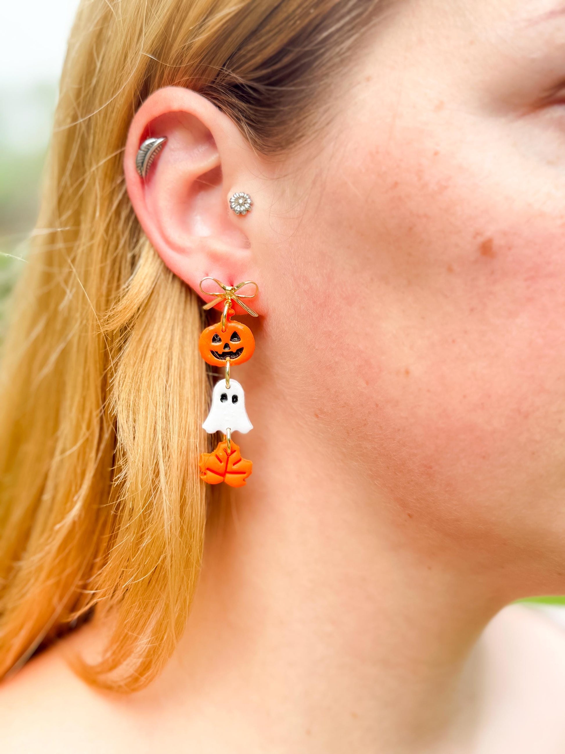 Halloween Polymer Clay Dangle Earrings: Pumpkin, Ghost & Leaf - Gold Bow