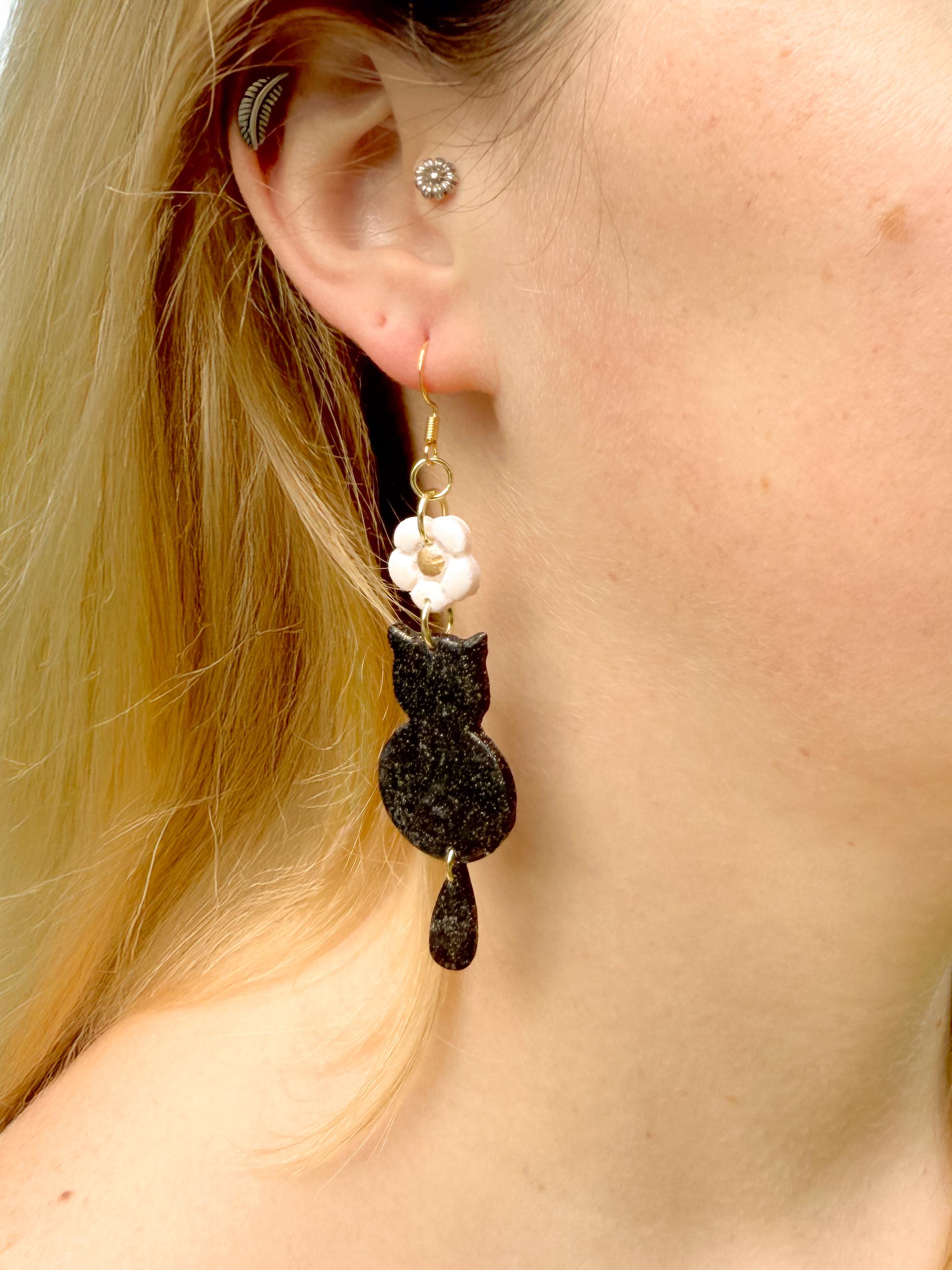 Black Cat Dangle Earrings: Polymer Clay Kitty, Halloween Jewelry