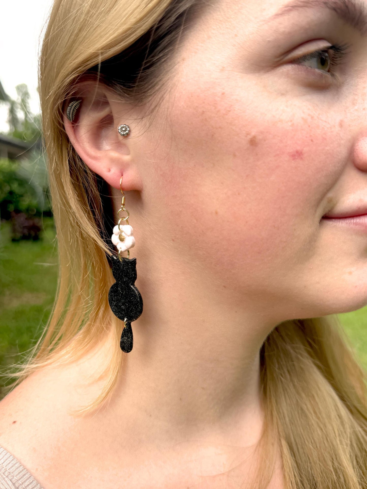 Black Cat Dangle Earrings: Polymer Clay Kitty, Halloween Jewelry