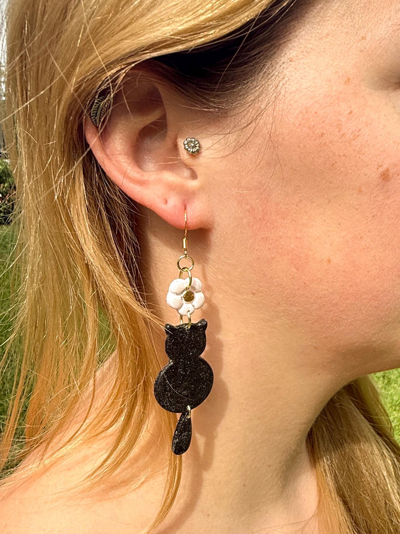 Black Cat Dangle Earrings: Polymer Clay Kitty, Halloween Jewelry