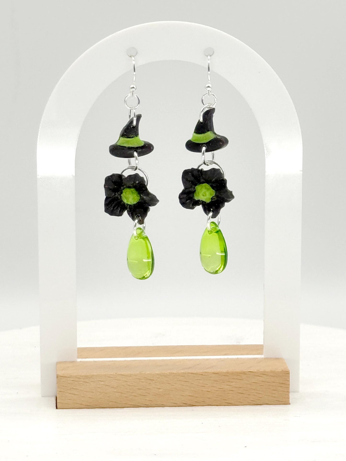 Witch Hat Polymer Clay Dangle Earrings: Sterling Silver, Green Drops
