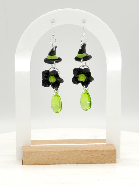 Witch Hat Polymer Clay Dangle Earrings: Sterling Silver, Green Drops