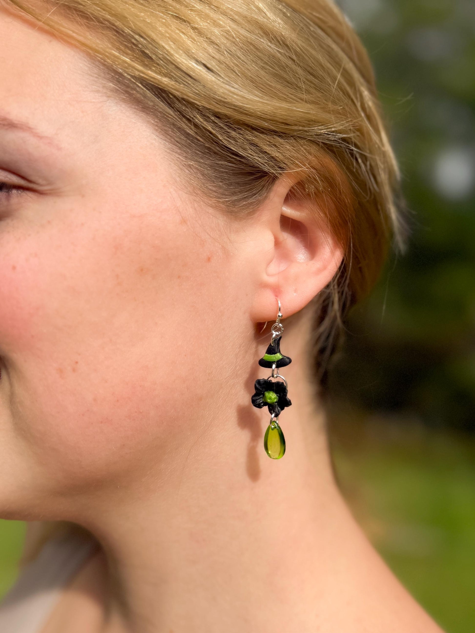 Witch Hat Polymer Clay Dangle Earrings: Sterling Silver, Green Drops