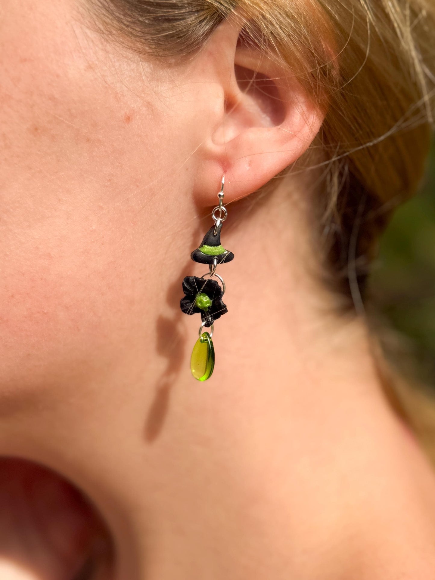 Witch Hat Polymer Clay Dangle Earrings: Sterling Silver, Green Drops