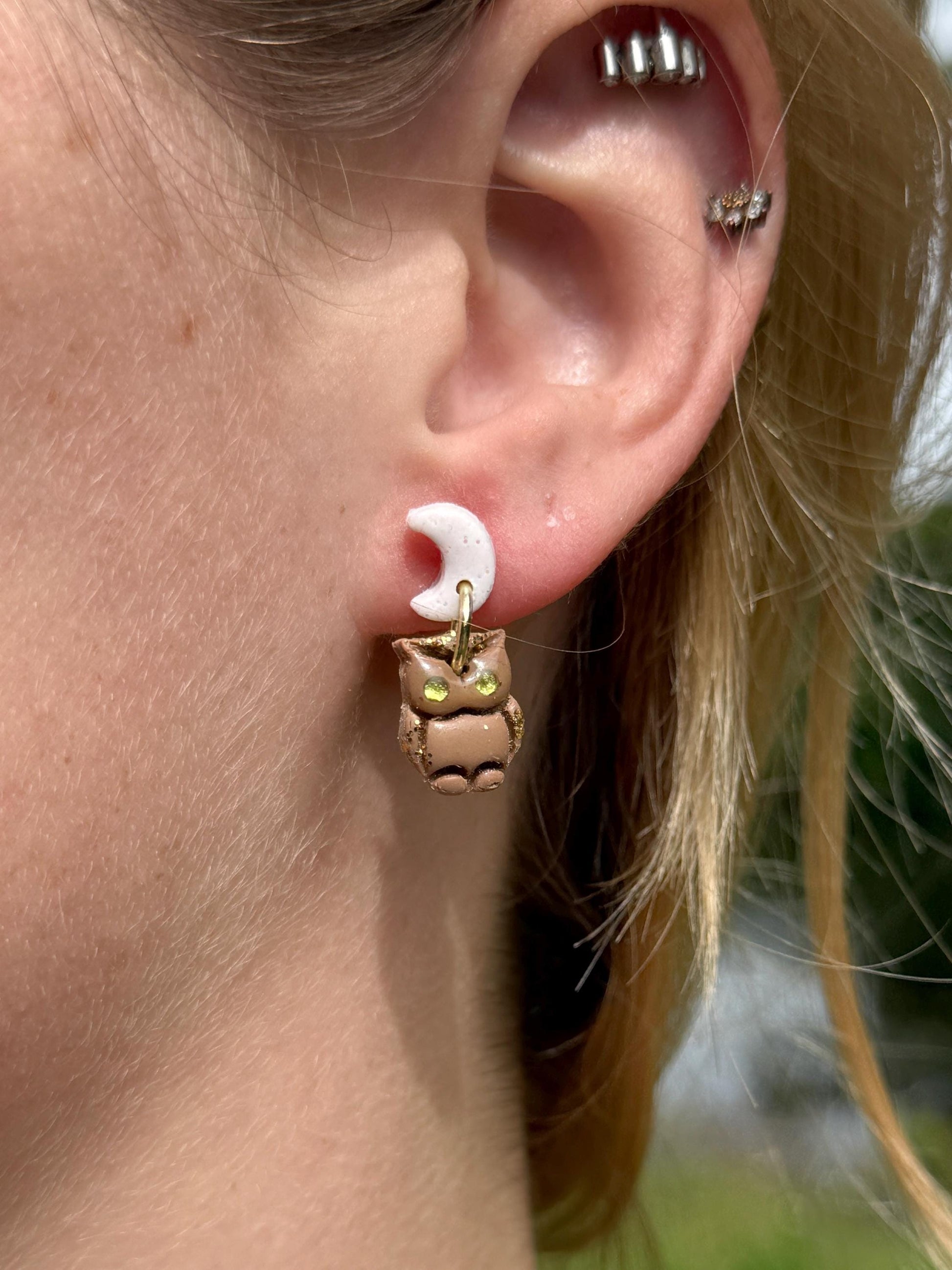 Polymer Clay Owl & Moon Earrings: Glitter Dangles, Gem Eyes