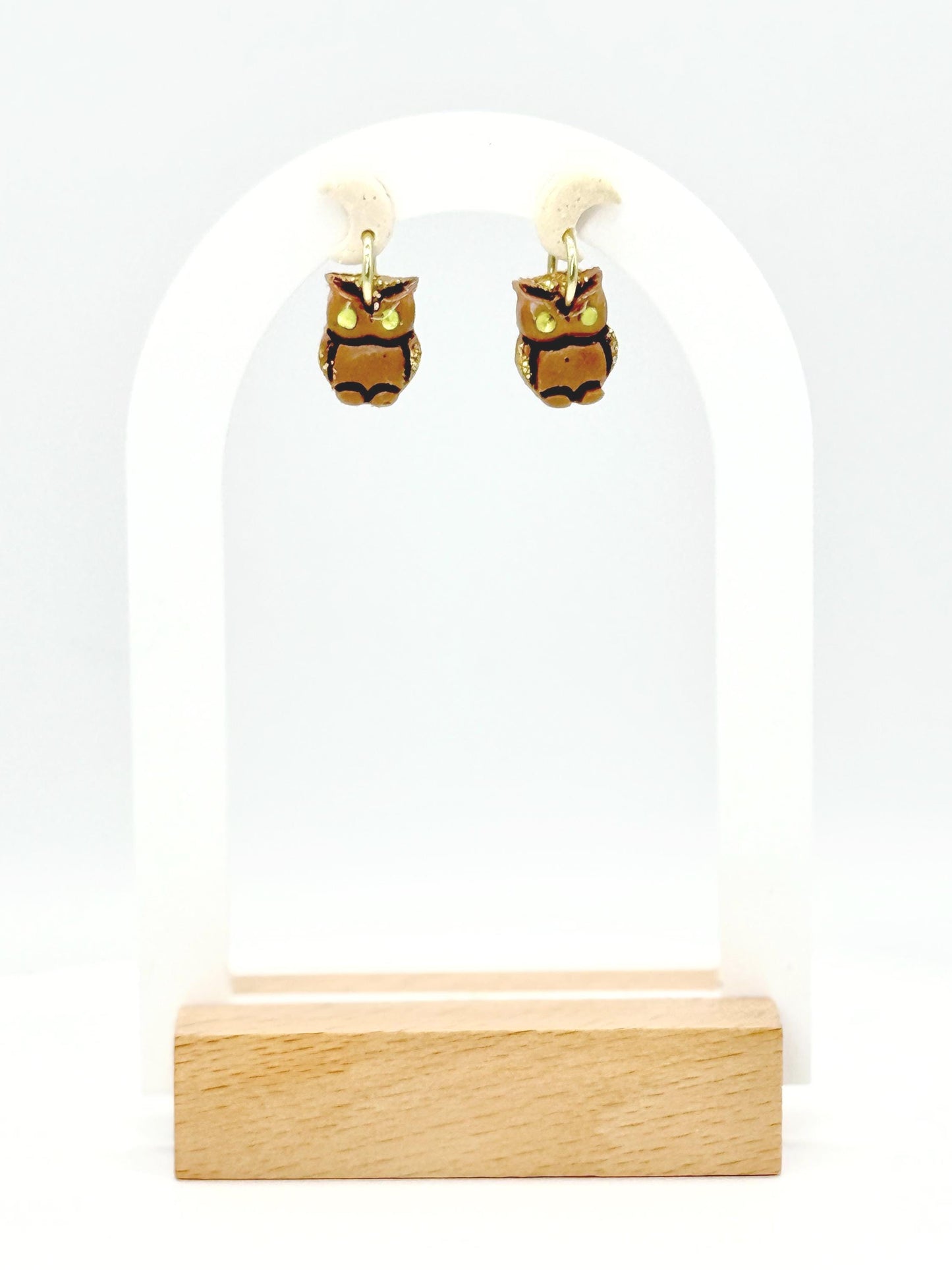 Polymer Clay Owl & Moon Earrings: Glitter Dangles, Gem Eyes