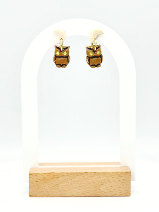 Polymer Clay Owl & Moon Earrings: Glitter Dangles, Gem Eyes