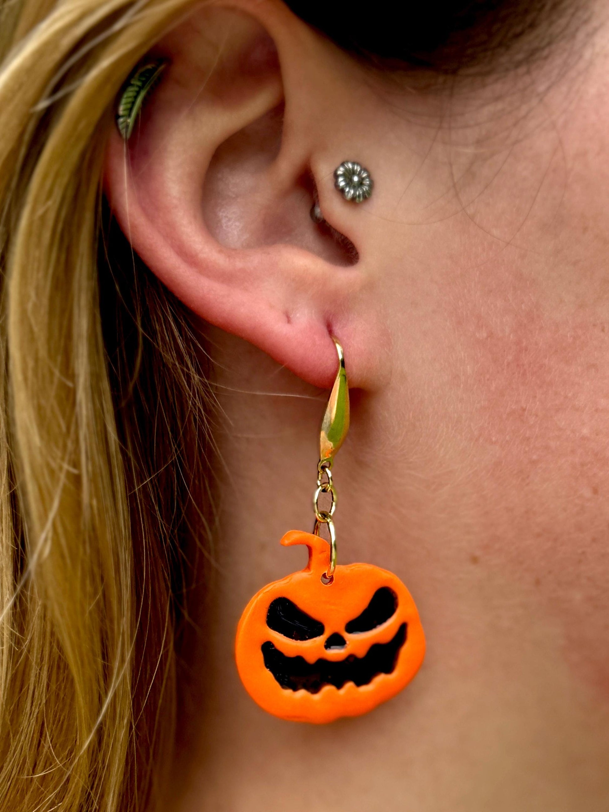 Halloween Earrings, Pumpkin Earrings — Handmade Jack-O’-Lantern Polymer Clay & Black Resin Dangles (Gold)