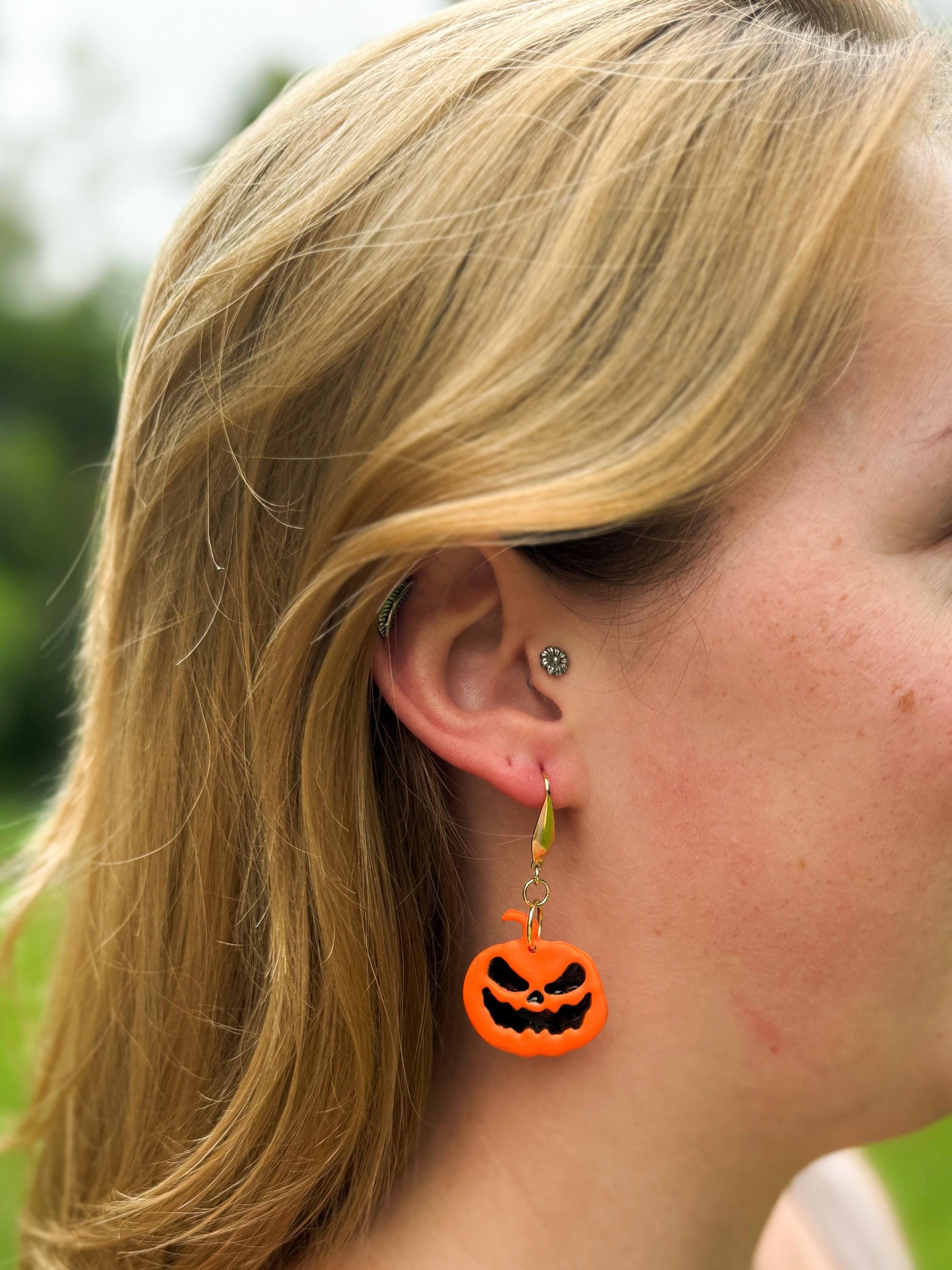Halloween Earrings, Pumpkin Earrings — Handmade Jack-O’-Lantern Polymer Clay & Black Resin Dangles (Gold)