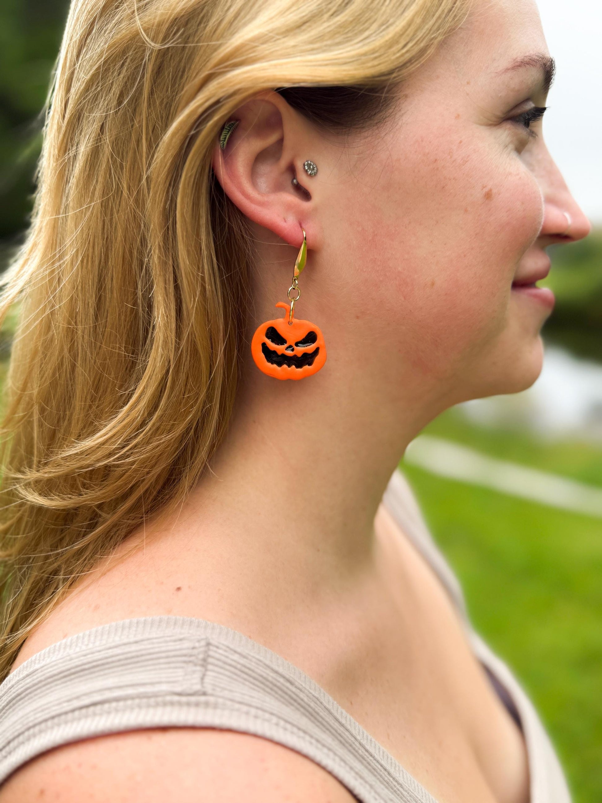 Halloween Earrings, Pumpkin Earrings — Handmade Jack-O’-Lantern Polymer Clay & Black Resin Dangles (Gold)