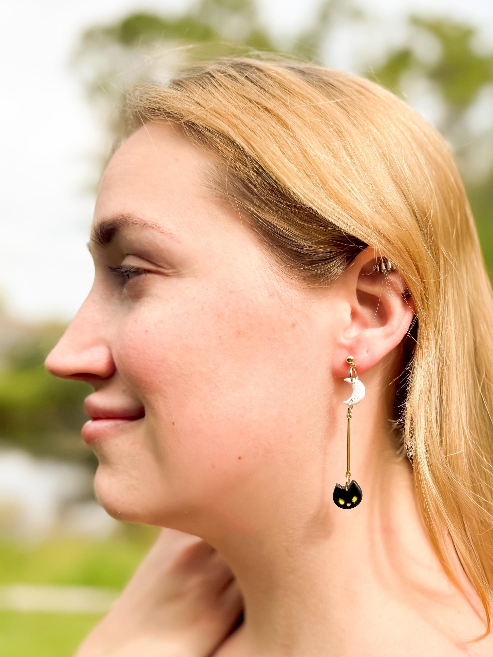 Black Cat Dangle Earrings: Polymer Clay Moon, Gold Bar - Halloween Jewelry