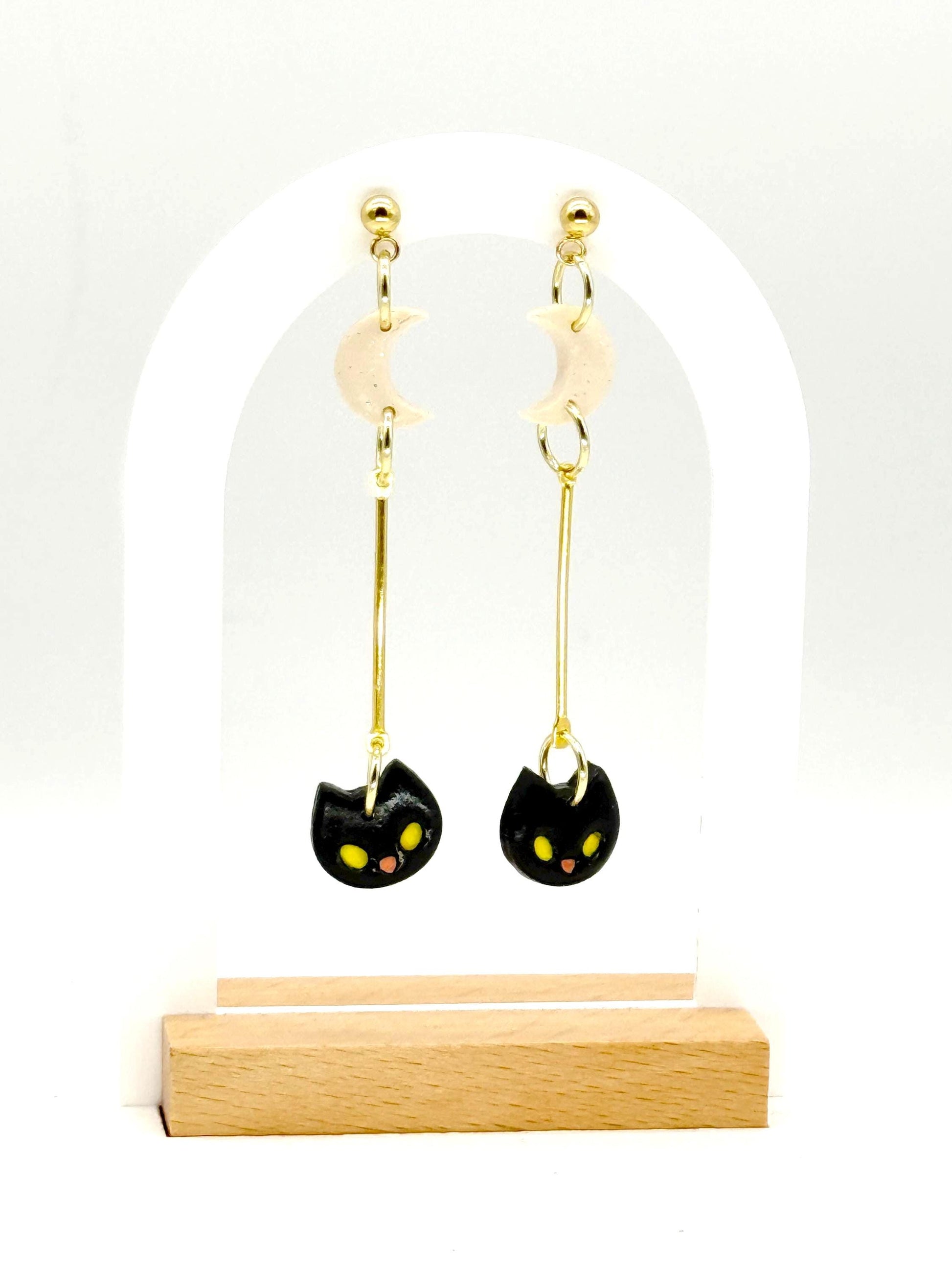 Black Cat Dangle Earrings: Polymer Clay Moon, Gold Bar - Halloween Jewelry
