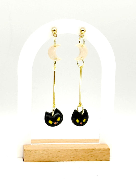 Black Cat Dangle Earrings: Polymer Clay Moon, Gold Bar - Halloween Jewelry