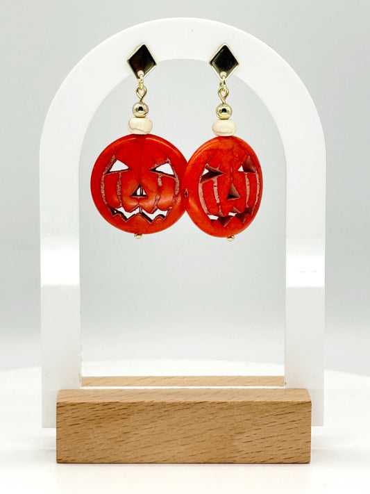 Halloween Earrings, Pumpkin Earrings — Jack-O’-Lantern Bead Dangles with Gold Accents
