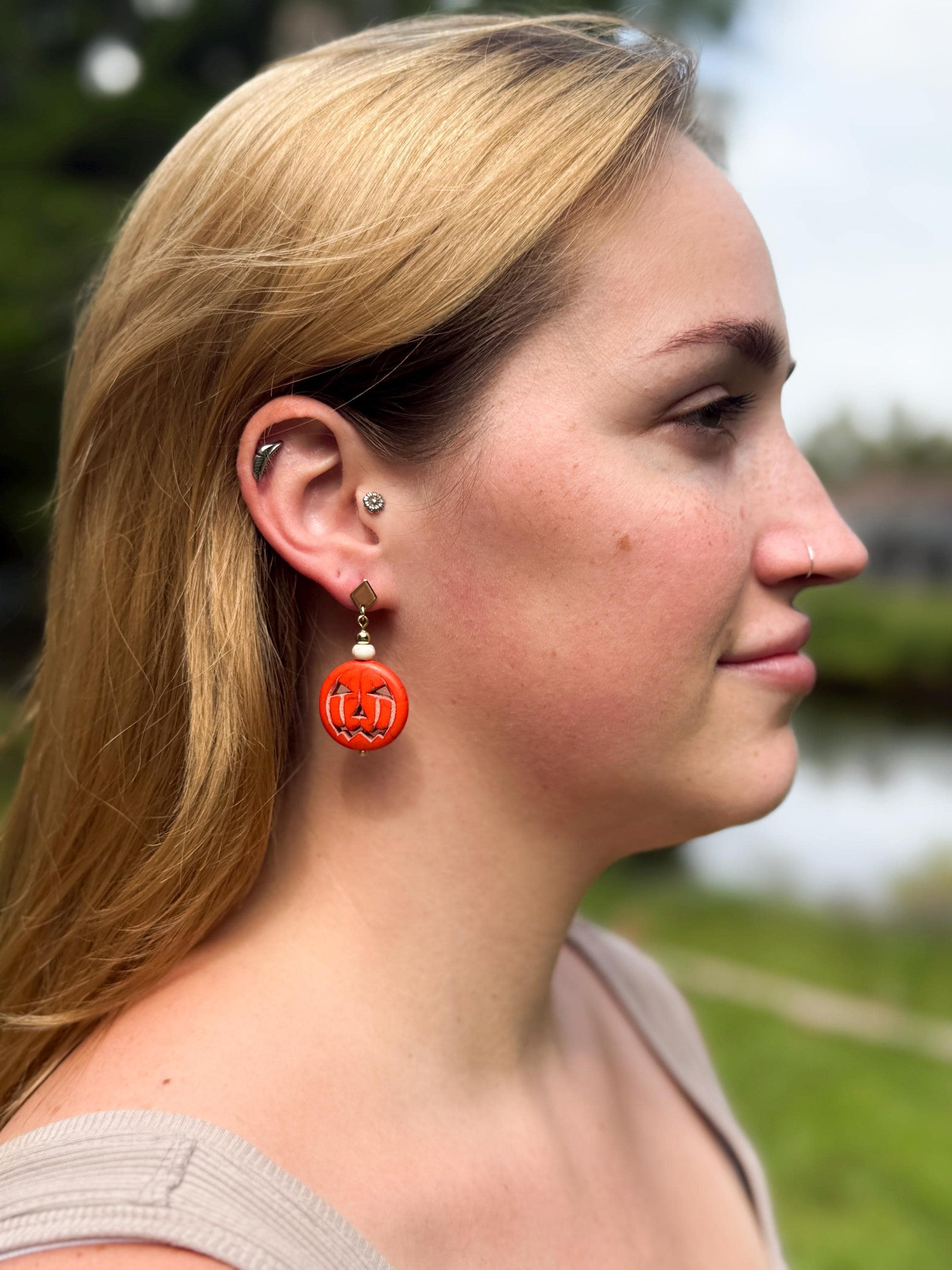 Halloween Earrings, Pumpkin Earrings — Jack-O’-Lantern Bead Dangles with Gold Accents