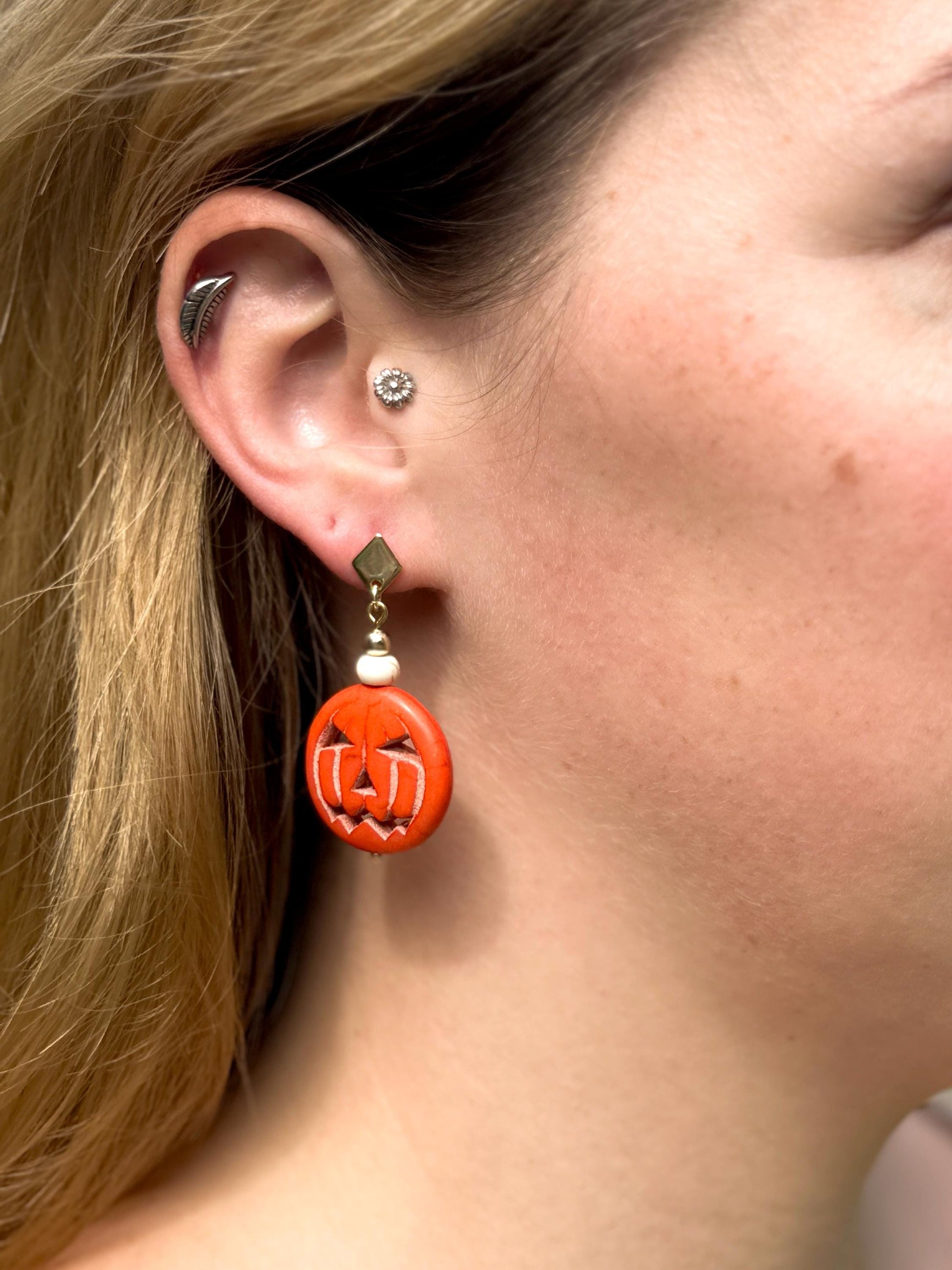 Halloween Earrings, Pumpkin Earrings — Jack-O’-Lantern Bead Dangles with Gold Accents