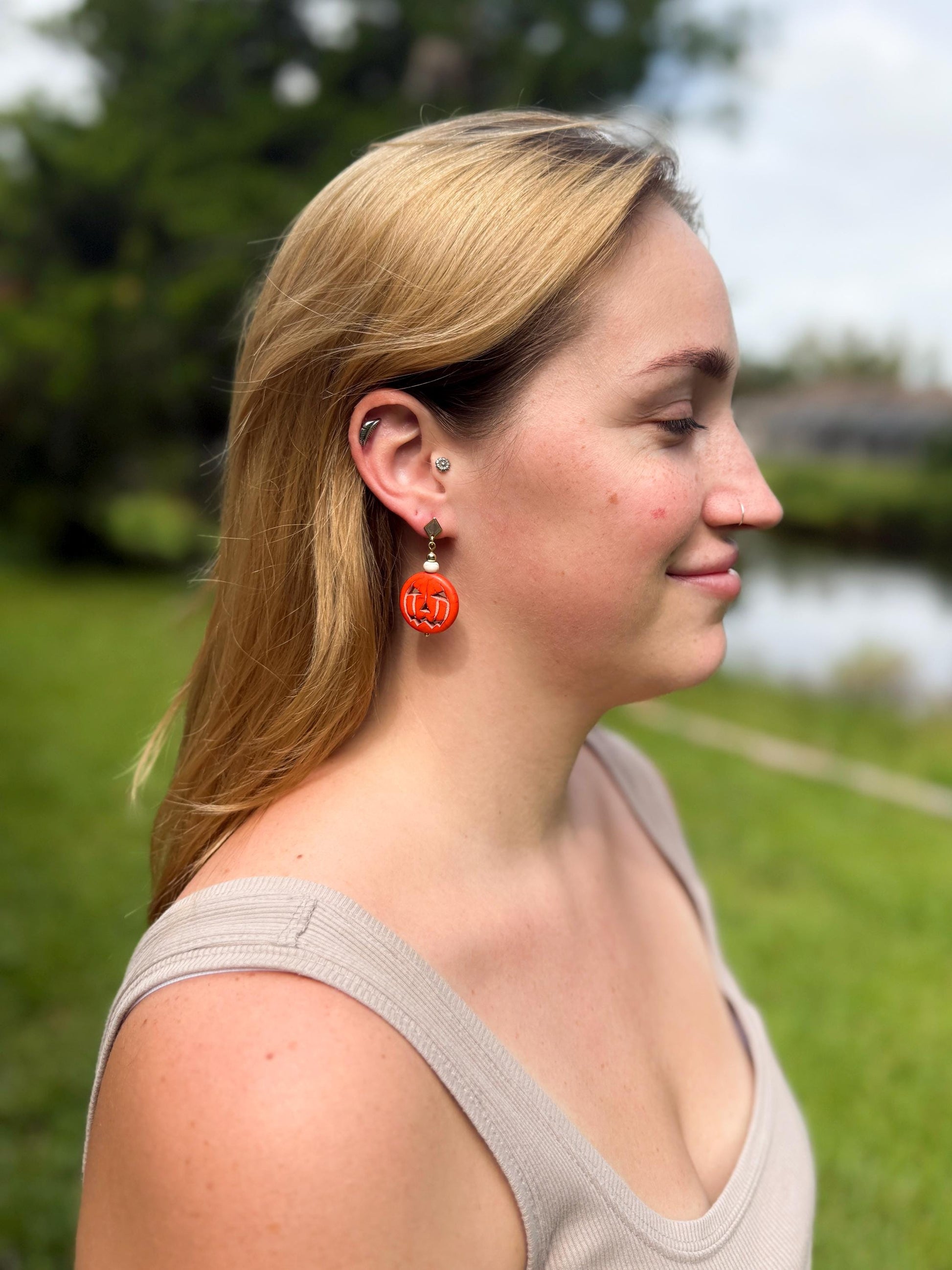 Halloween Earrings, Pumpkin Earrings — Jack-O’-Lantern Bead Dangles with Gold Accents