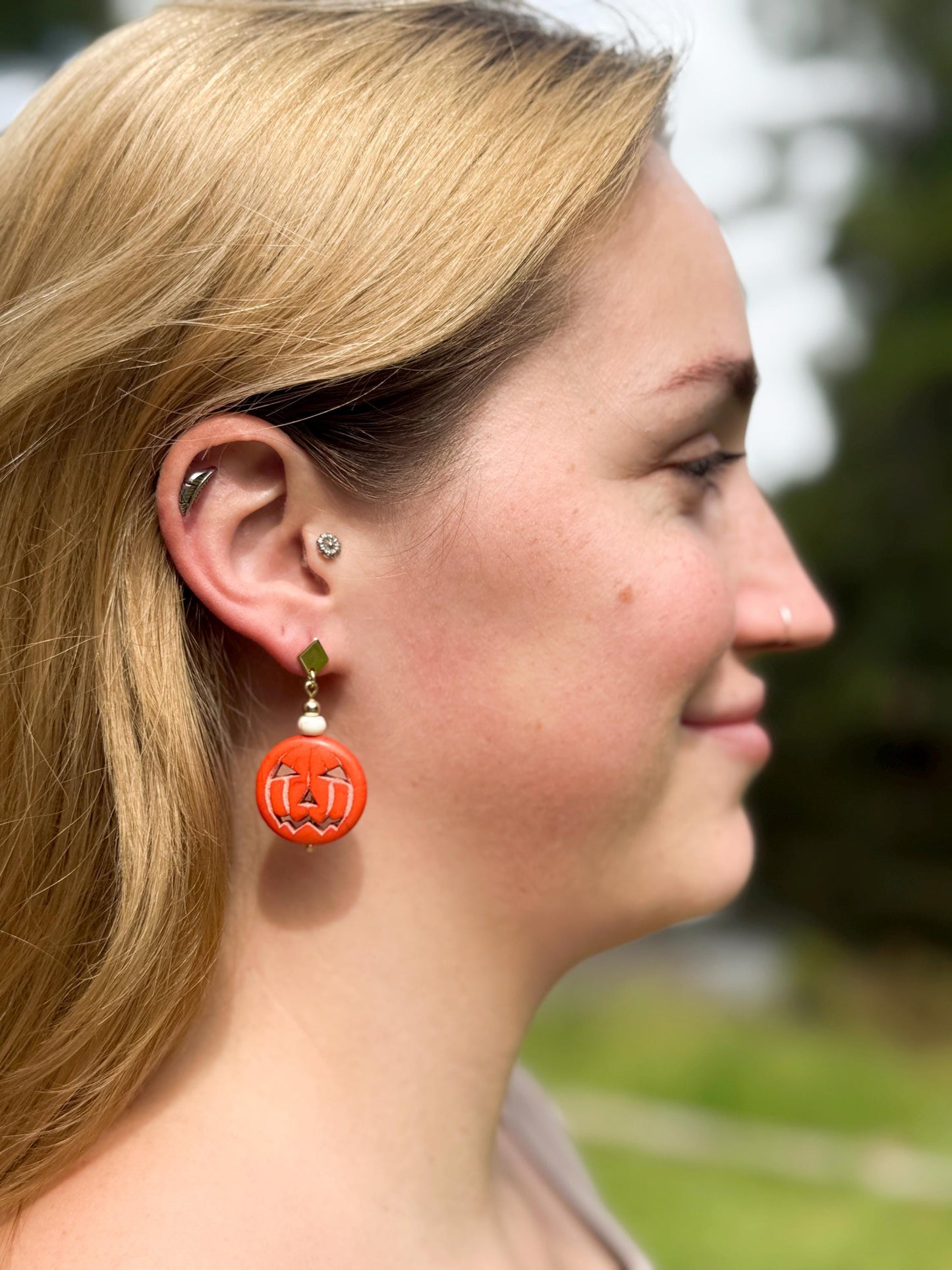 Halloween Earrings, Pumpkin Earrings — Jack-O’-Lantern Bead Dangles with Gold Accents