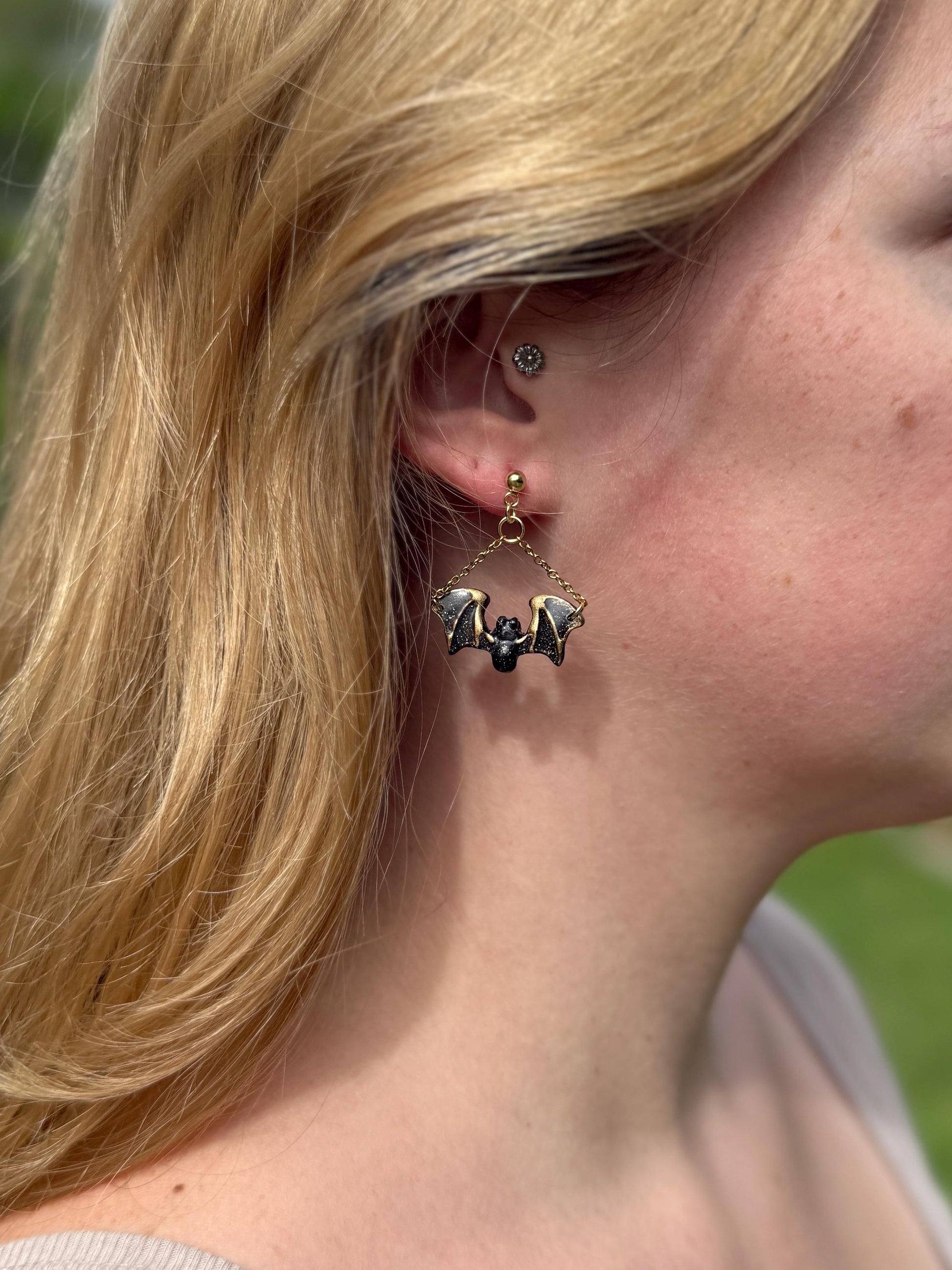 Halloween Earrings, Clay Earrings – Black Bat Chain Dangles in Resin & Gold | Spooky Fall Gift